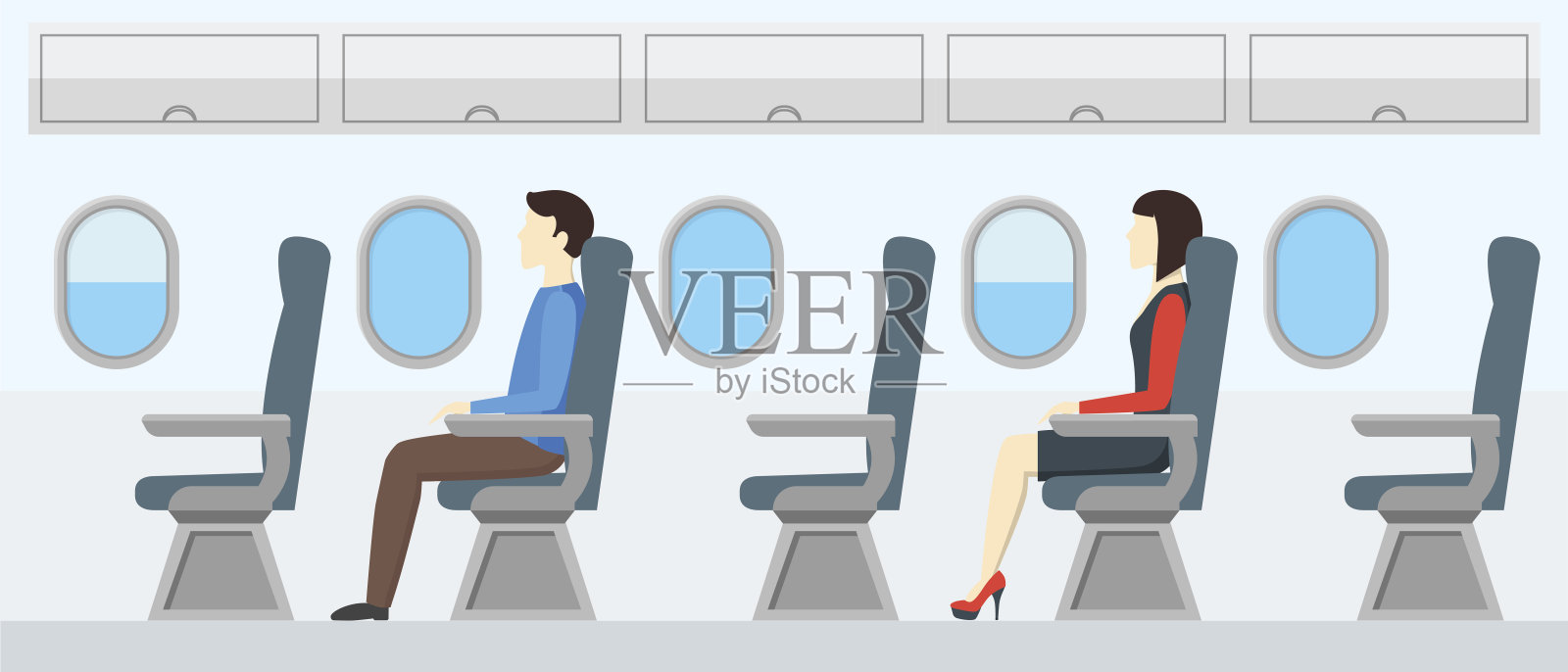 飞机运输内部复古。乘坐喷气式飞机的乘客。向量插画图片素材
