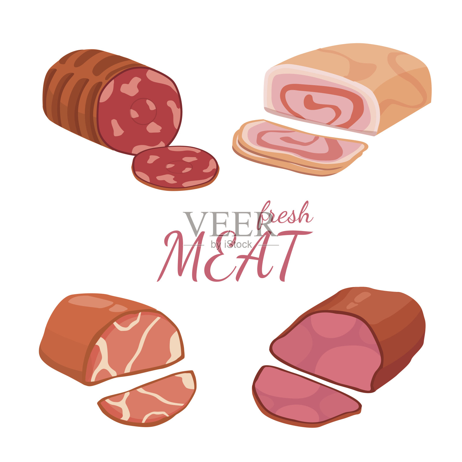 摆放不同种类的肉。矢量插图上的白色背景插画图片素材