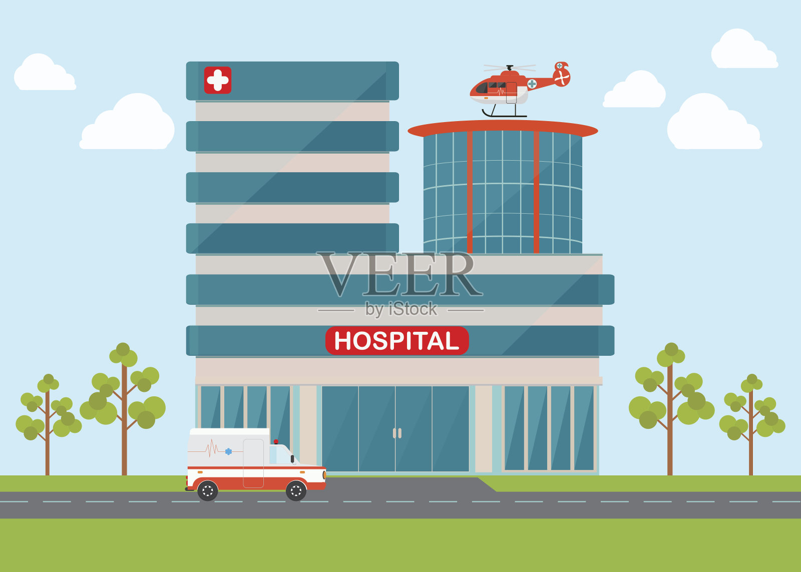 医疗应急直升机和救护车插画图片素材