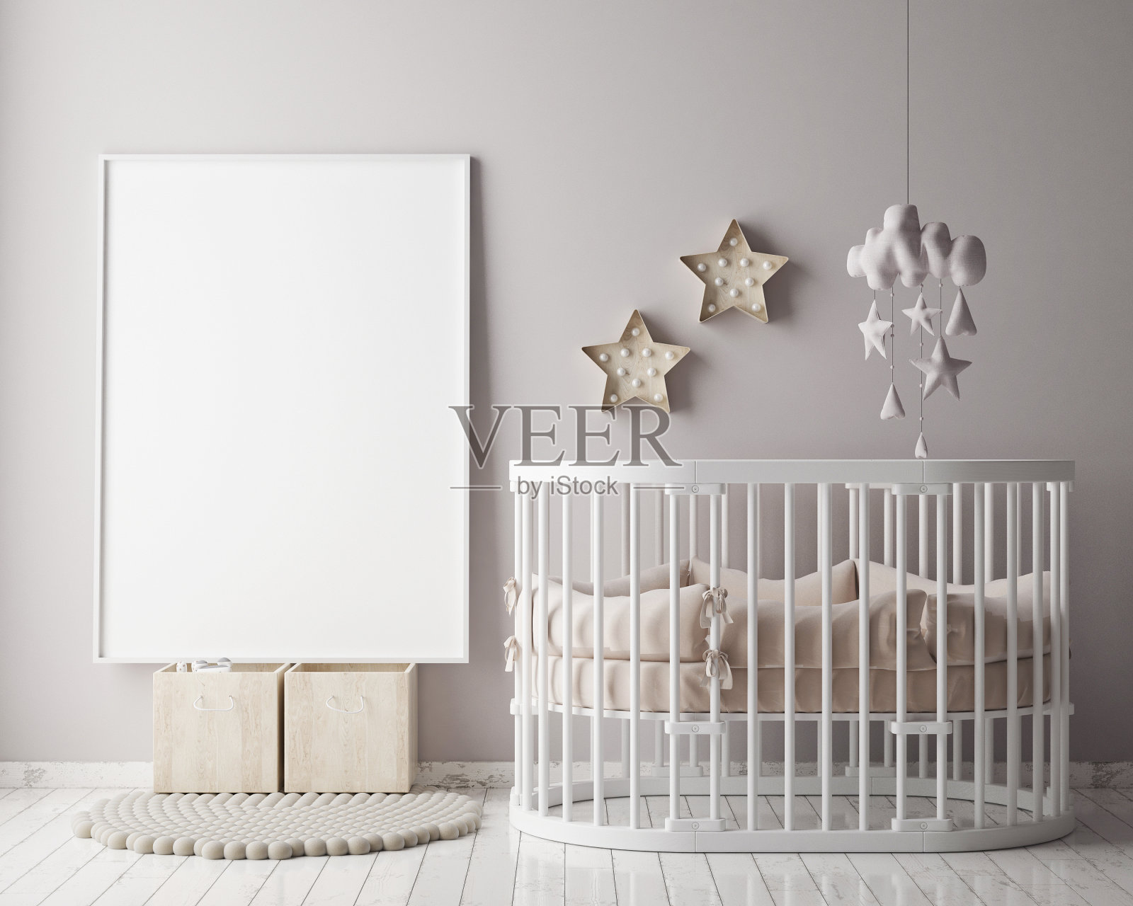 模拟海报框架在儿童房，斯堪的纳维亚风格的室内照片摄影图片