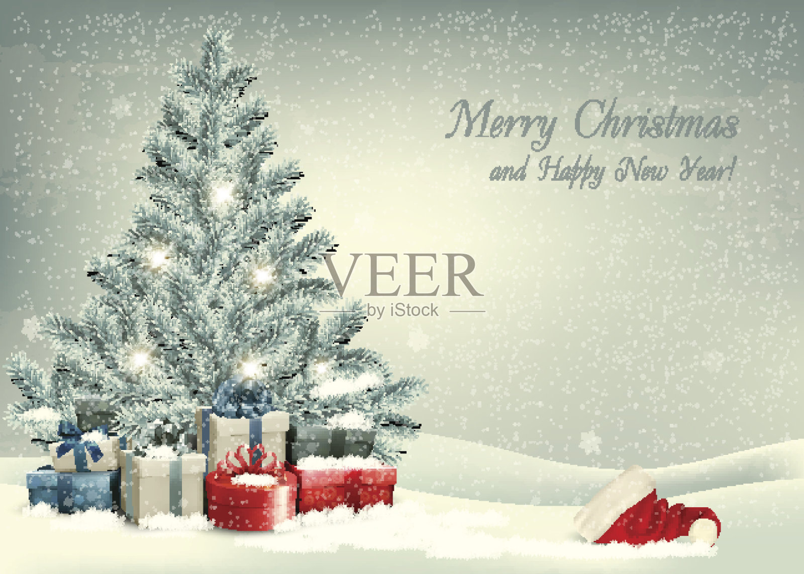 复古圣诞背景与圣诞树和礼物wi插画图片素材