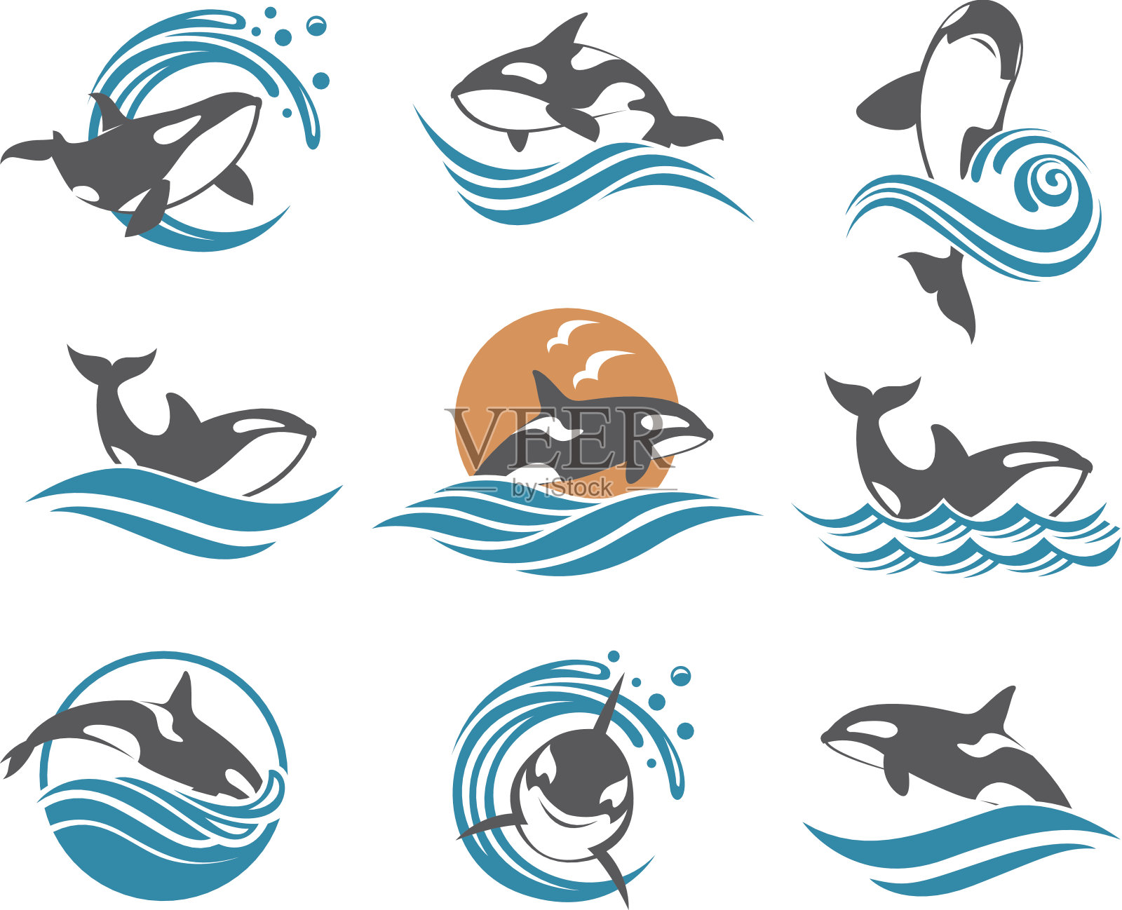 抽象鲸鱼图标集插画图片素材