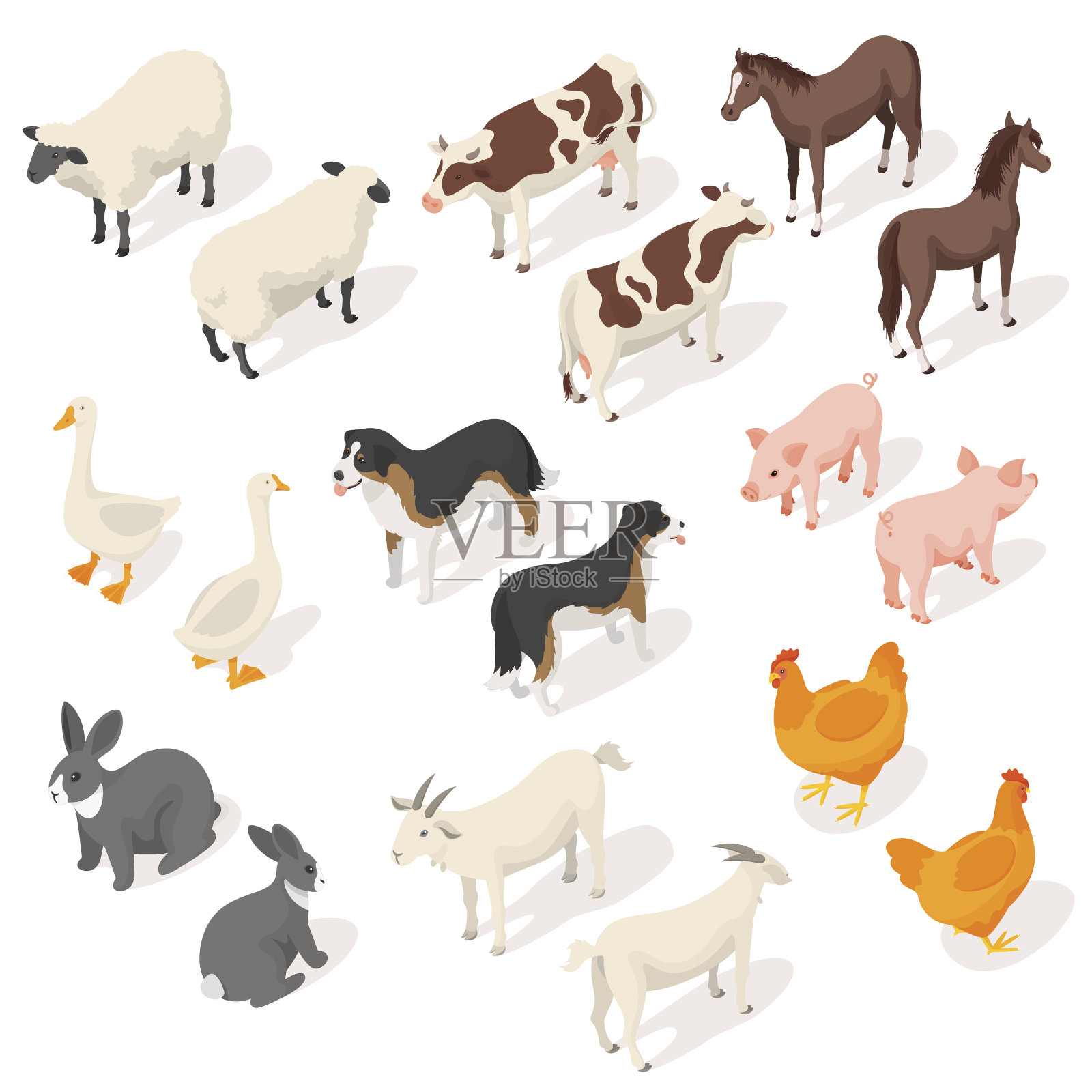 农场动物的等距三维矢量集设计元素图片