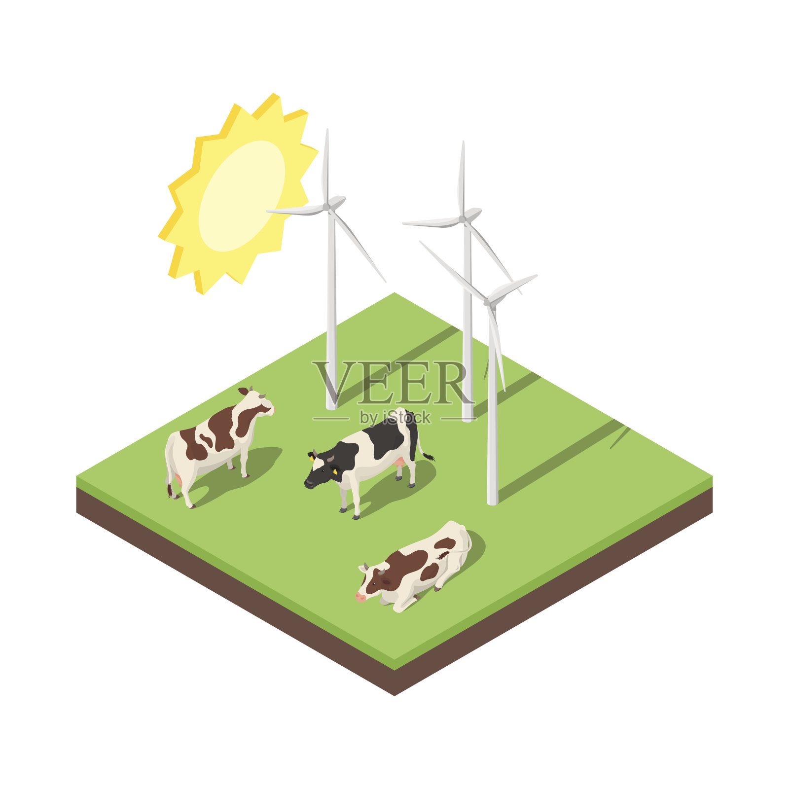 风车和奶牛的等距三维矢量图。插画图片素材