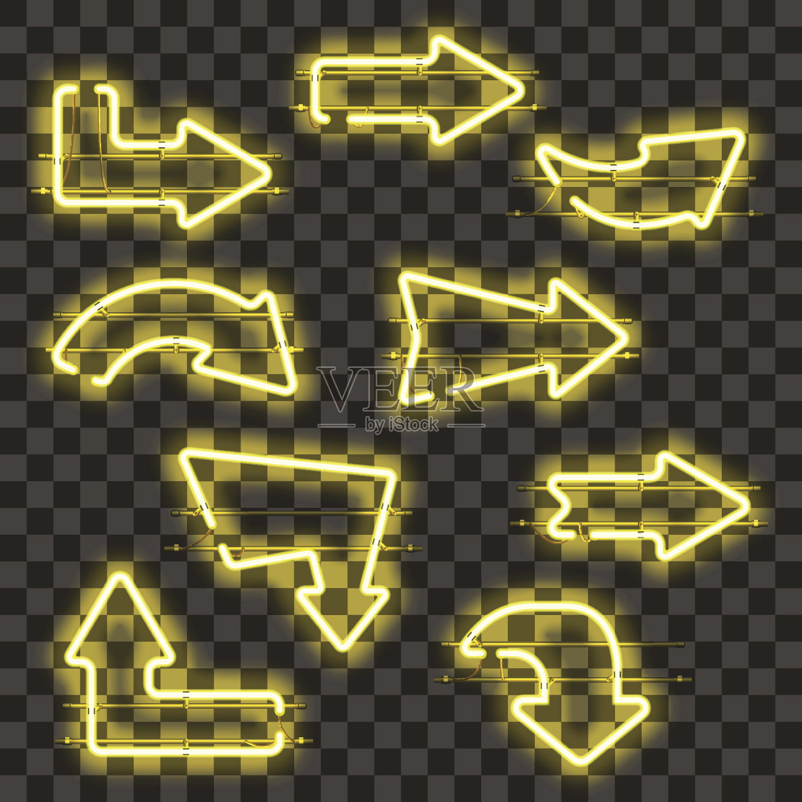 一组发光的黄色氖气箭头设计元素图片