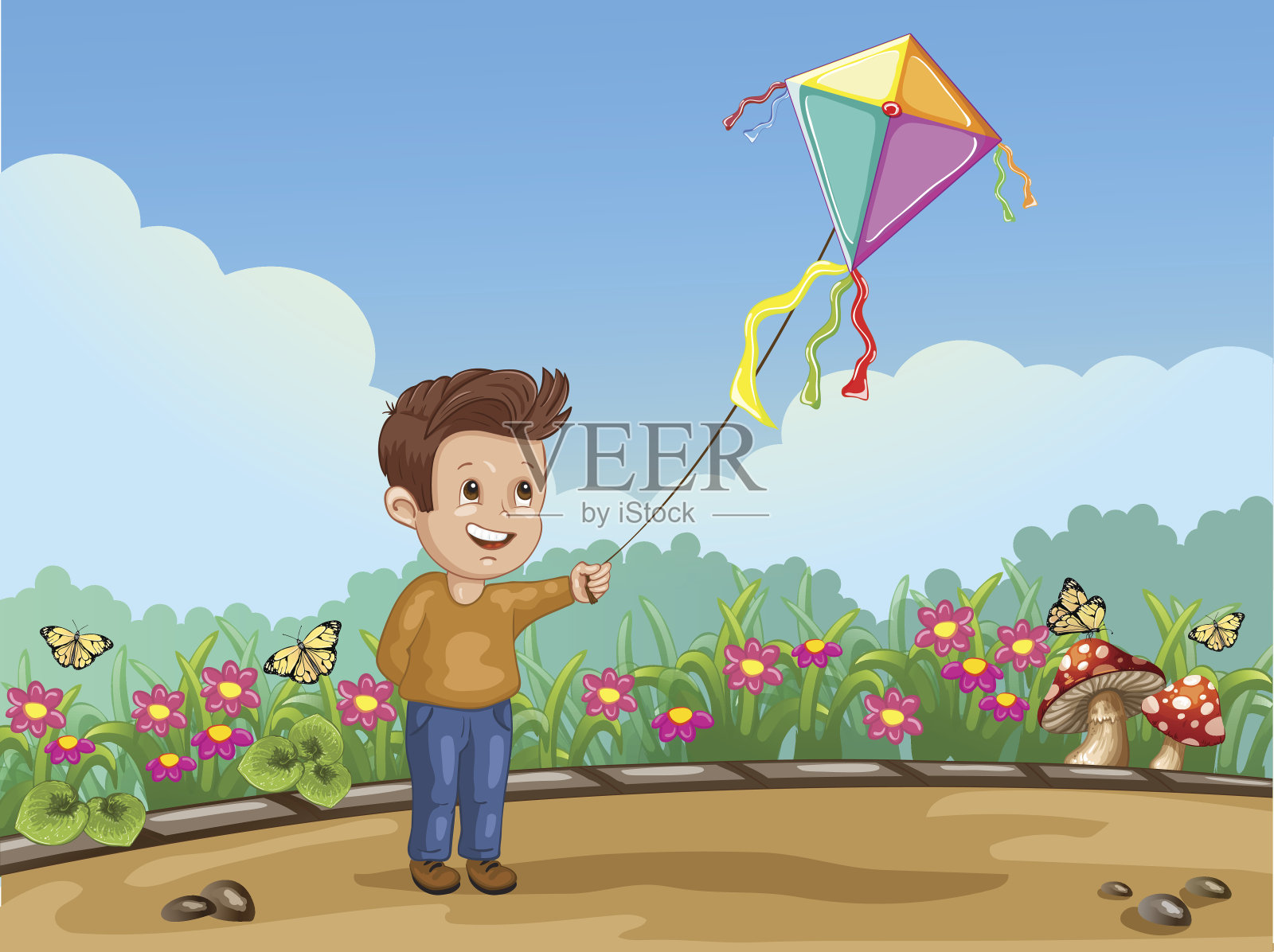 卡通小孩在公园里玩风筝插画图片素材