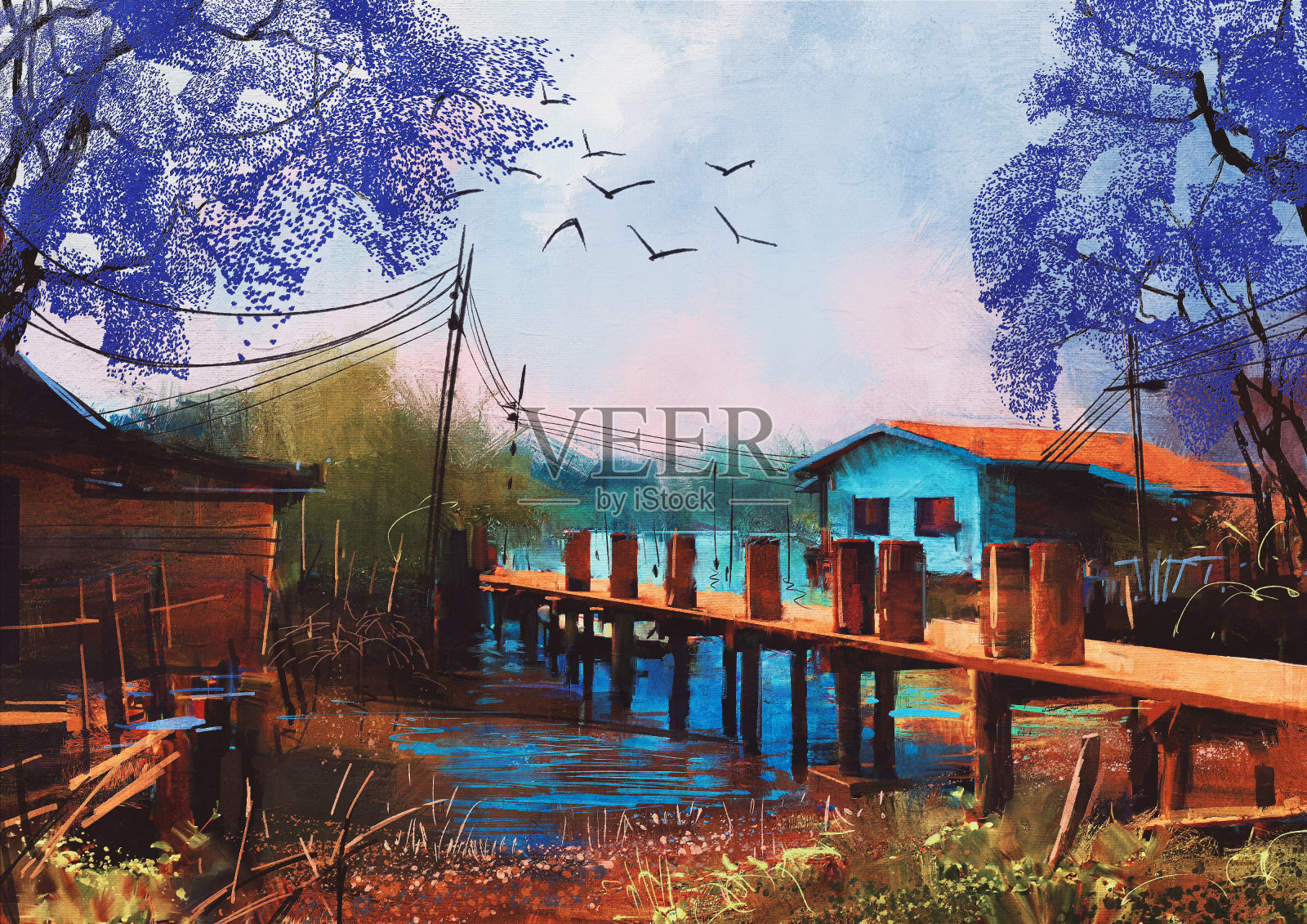 老渔村，油画风格插画图片素材