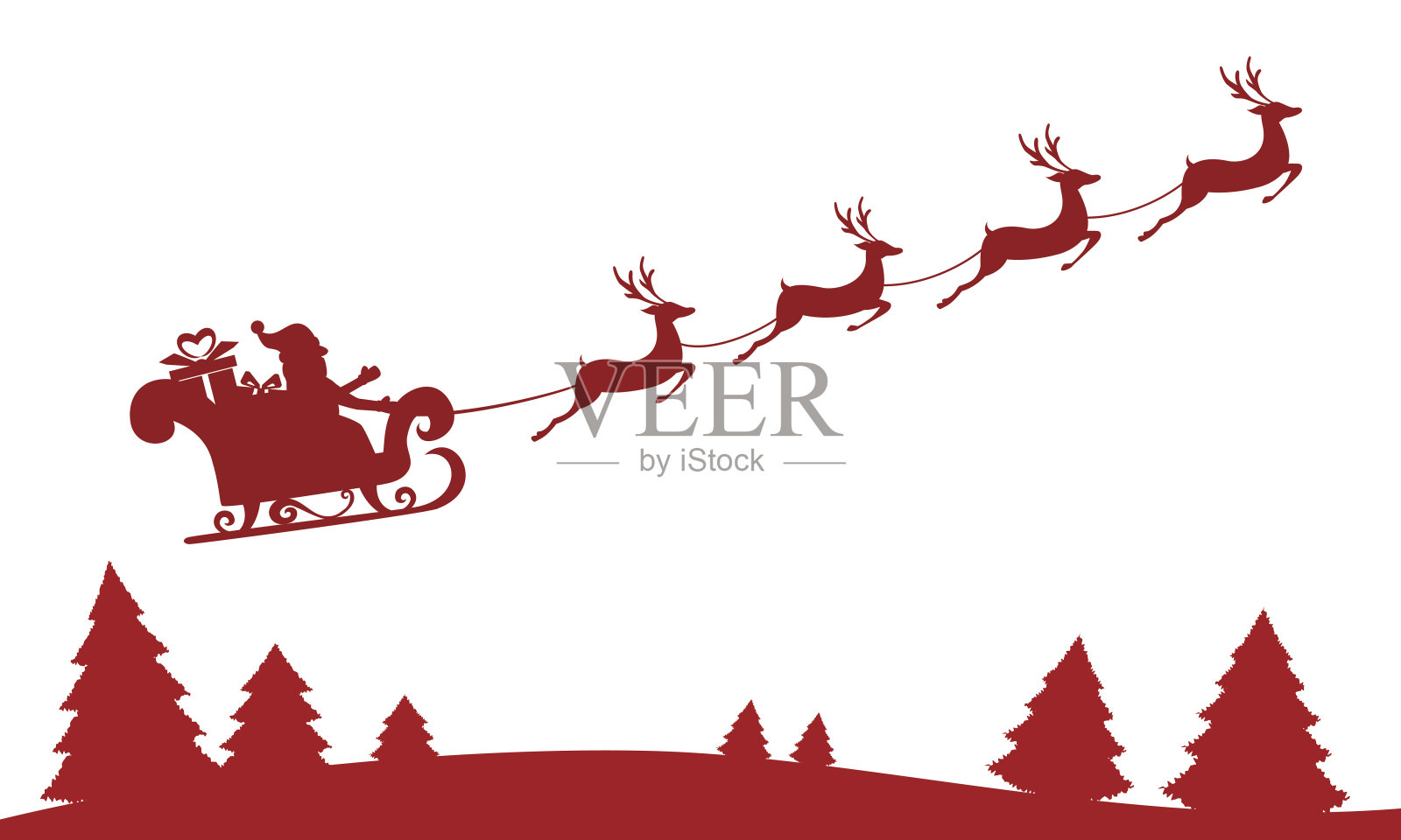 红色的身影。圣诞老人驾着驯鹿雪橇飞行。插画图片素材