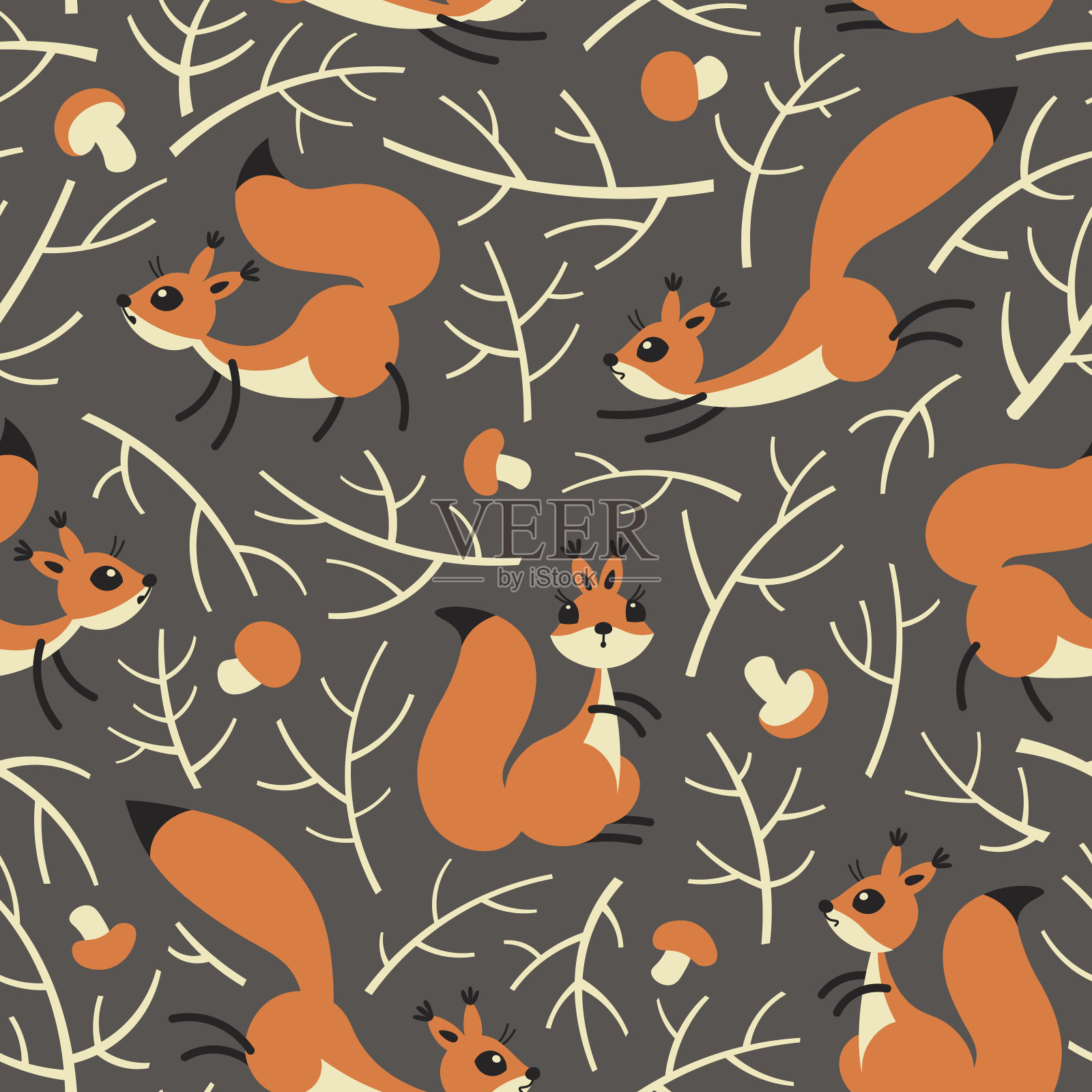 可爱的小松鼠在秋天的森林里。秋天无缝模式插画图片素材