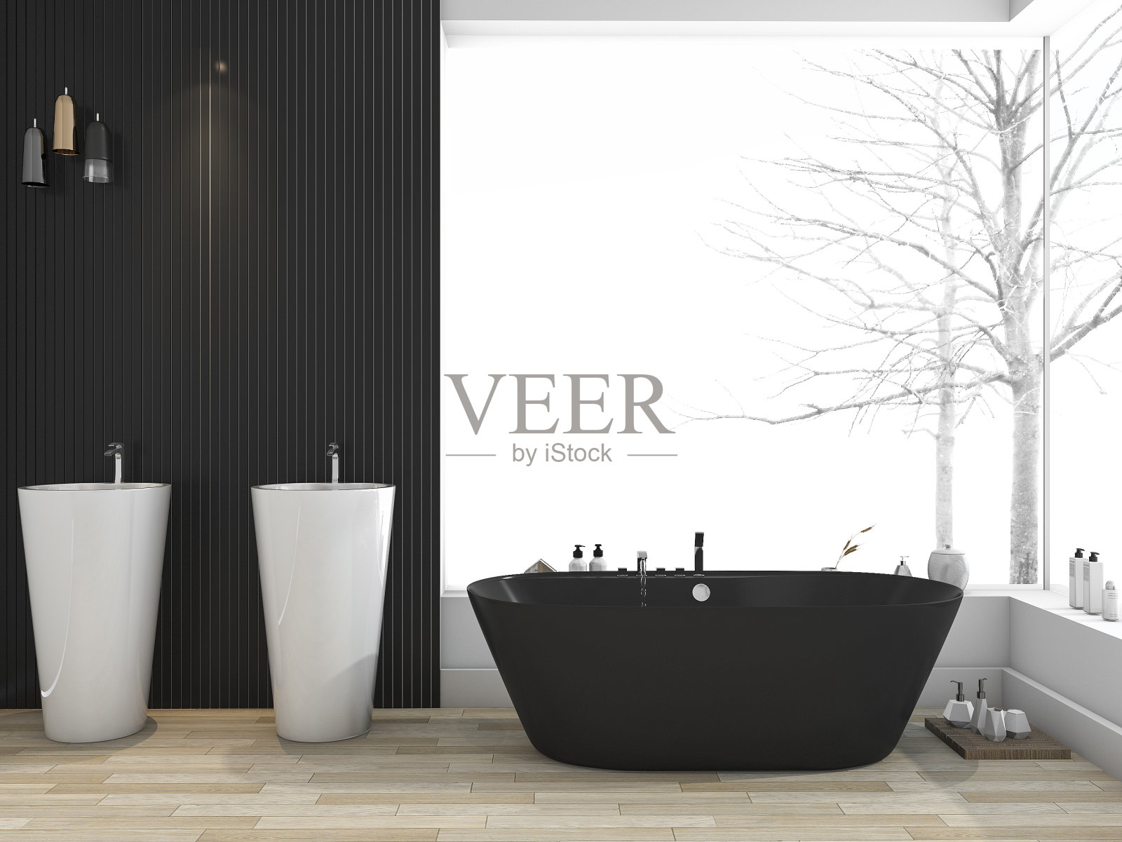 浴室窗户附近的3d渲染黑色浴缸照片摄影图片