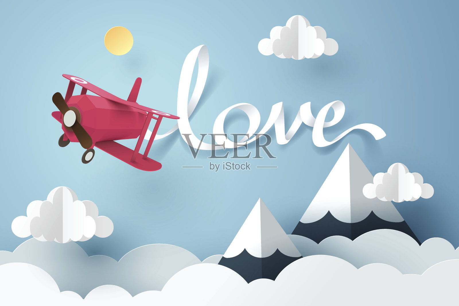 一架粉红色的飞机在空中飞行，这是一种纸上的爱情书法和字母艺术，也是一种折纸和情人节的概念插画图片素材