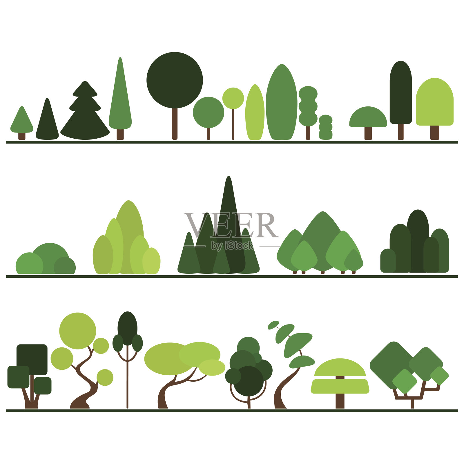 一套扁平的树木包括松树，灌木，花式植物插画图片素材