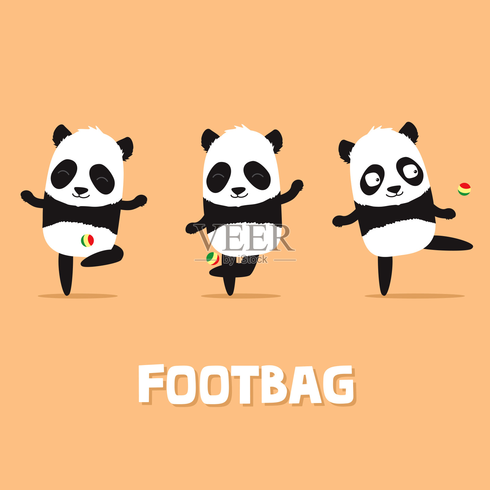 可爱的卡通熊猫玩自由式footbag和做戏法在3个不同的姿势。插画图片素材