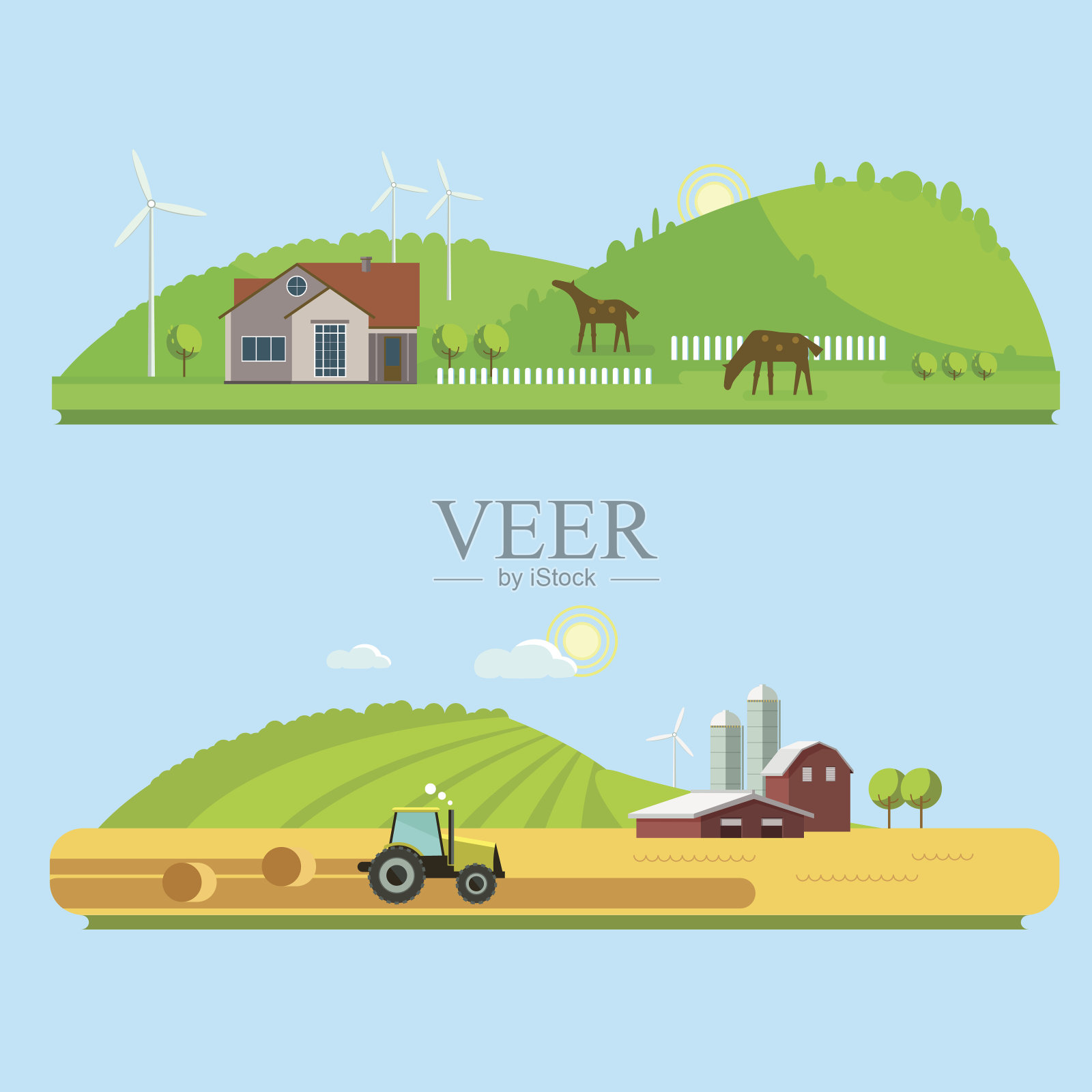 有田野、山丘和拖拉机的乡村景观插画图片素材