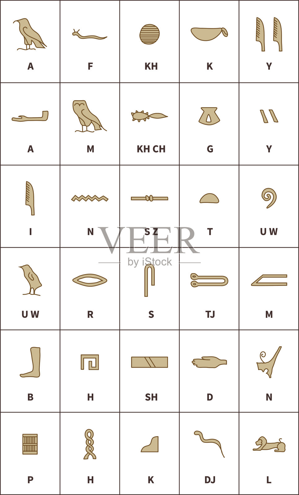 一套埃及象形文字，白色上有拉丁字母插画图片素材