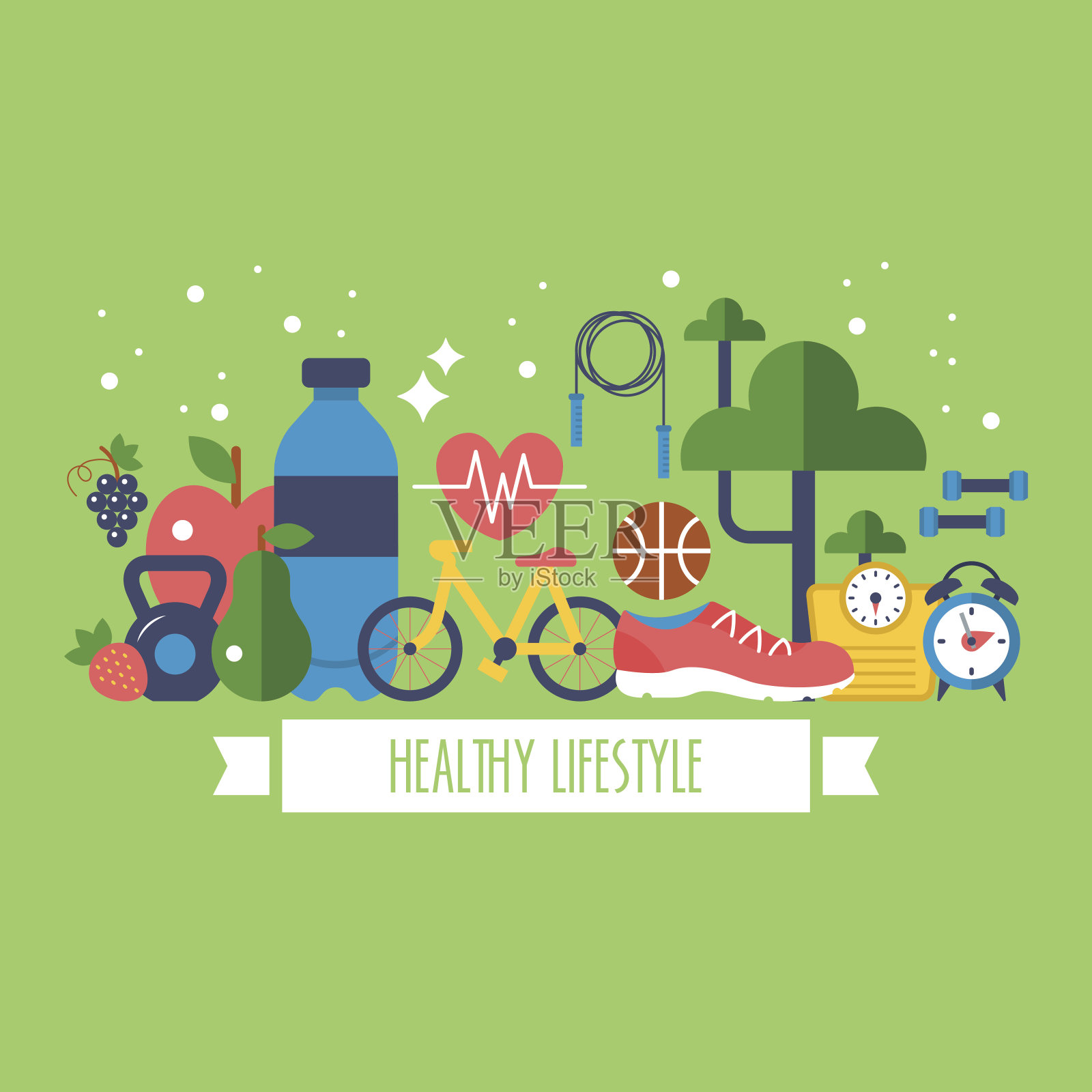 健康的生活方式概念与食物和运动图标插画图片素材