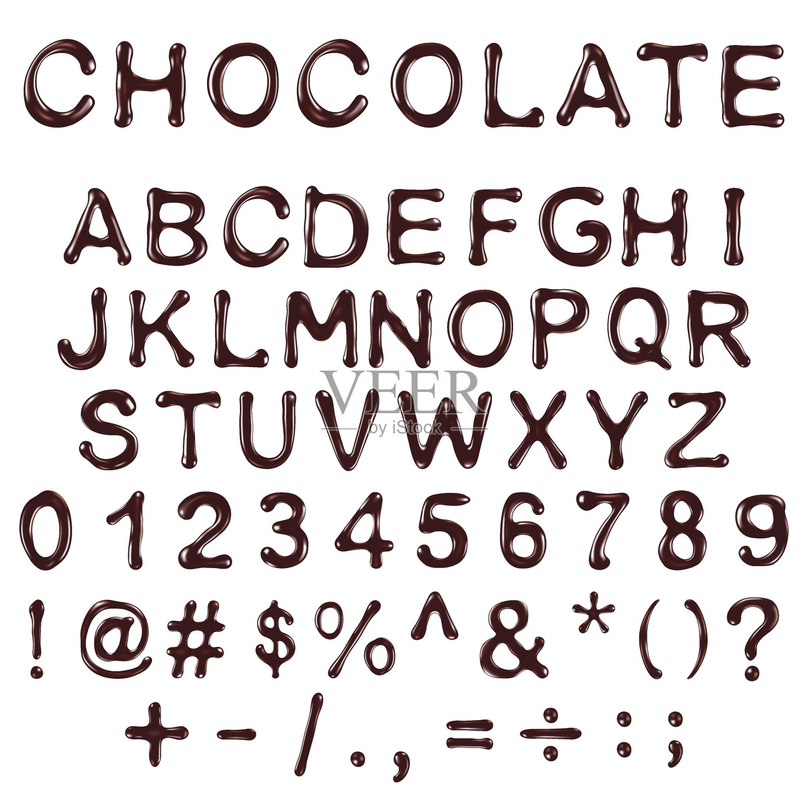 矢量字母，数字和由巧克力糖浆制成的符号设计元素图片