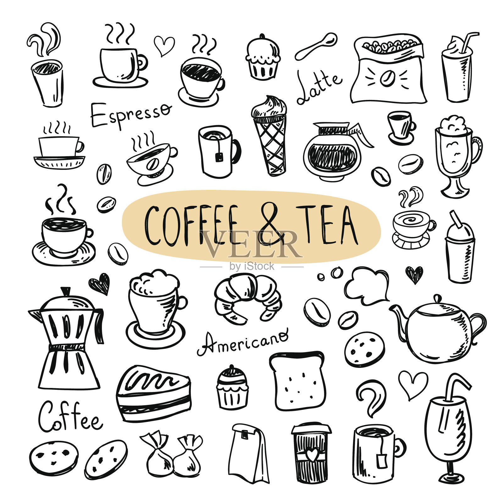咖啡和茶的图标。咖啡馆菜单，糖果，杯子，饼干，甜点插画图片素材