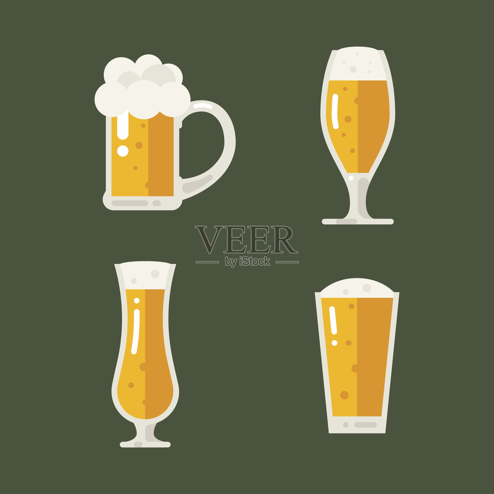 啤酒图标向量集。啤酒瓶，玻璃杯，品脱。插画图片素材