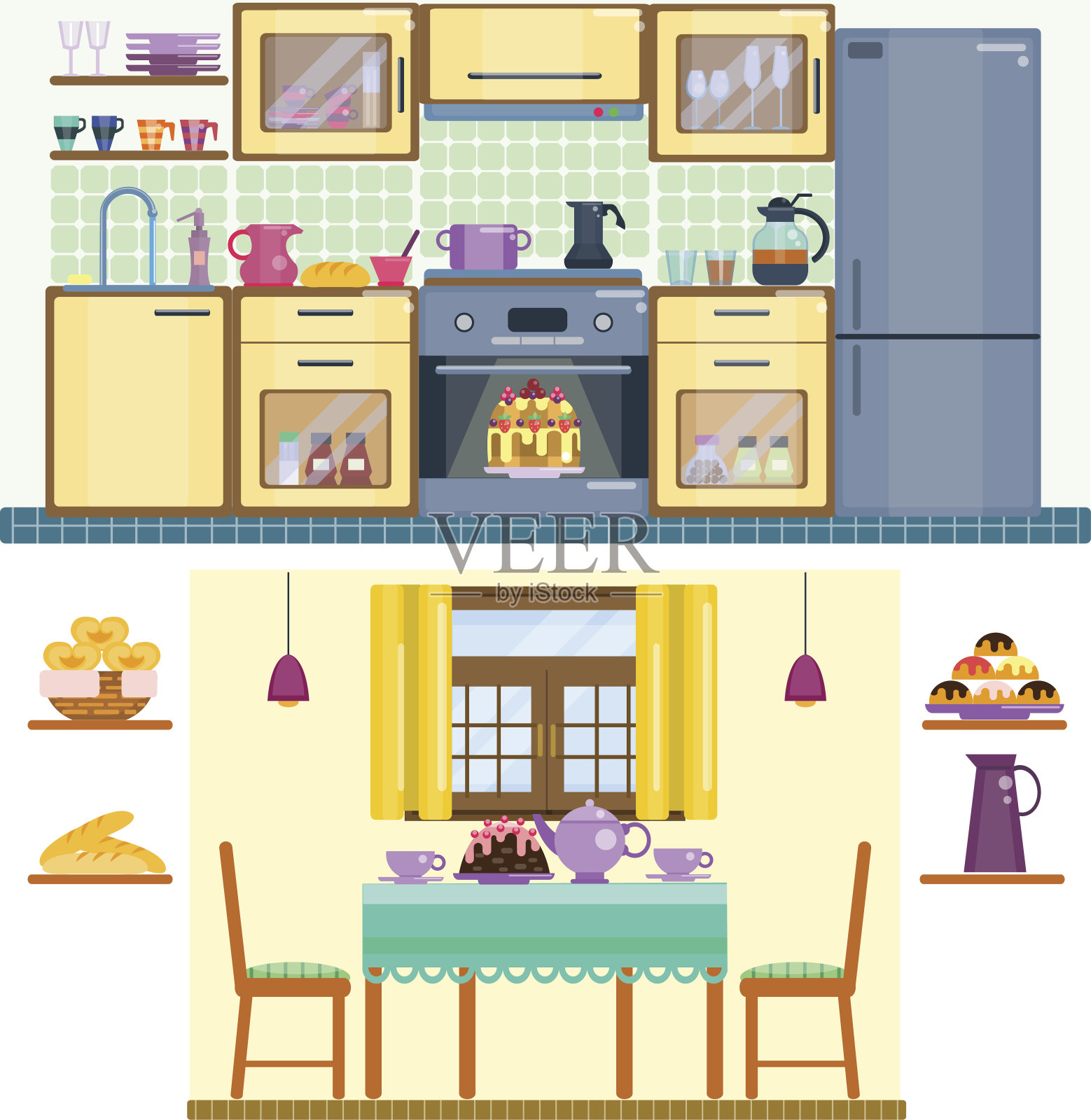 一套厨房和餐厅内部插画图片素材