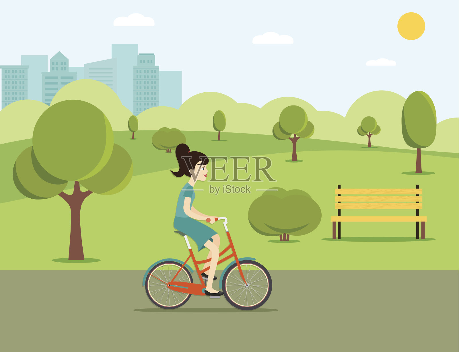 在公园里骑自行车的女人。矢量平面插图。插画图片素材