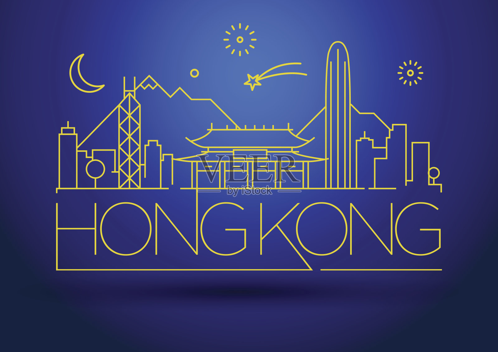 最小矢量香港城市线性天际线排版设计插画图片素材