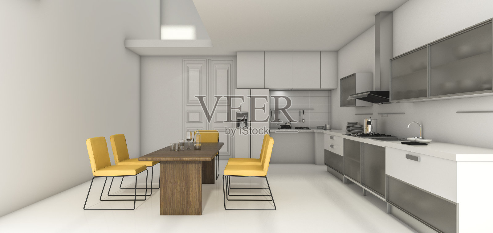 3d渲染漂亮的设计厨房和明亮的黄色用餐区照片摄影图片