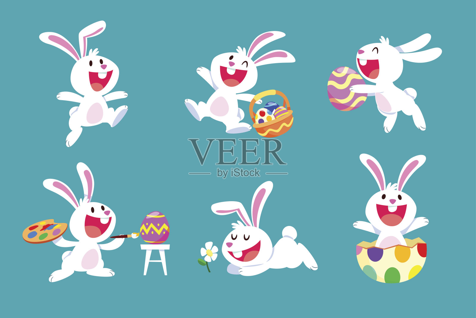 一组不同姿势的复活节白兔设计元素图片