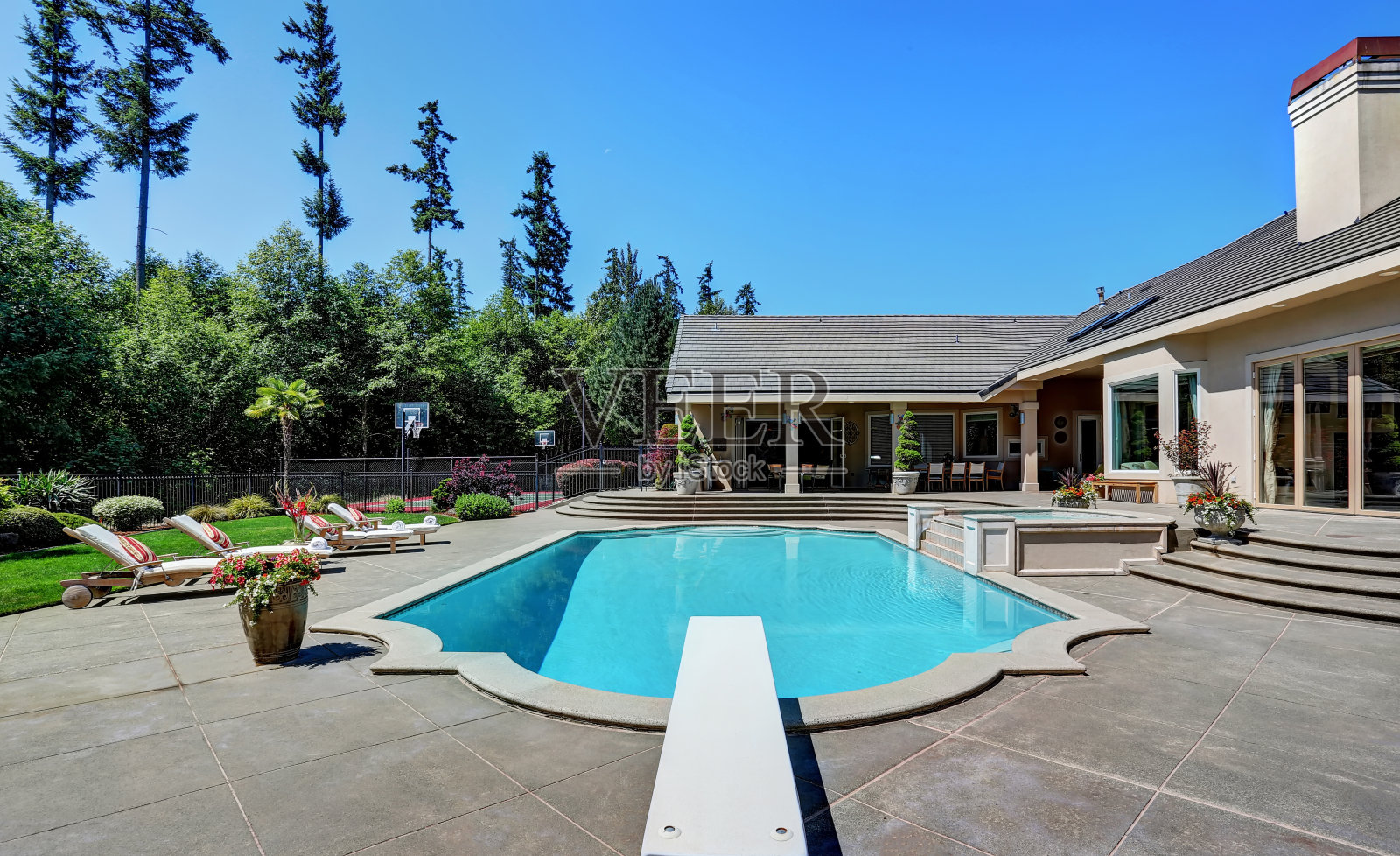 宽敞的后院，带游泳池。美国郊区的豪华住宅照片摄影图片