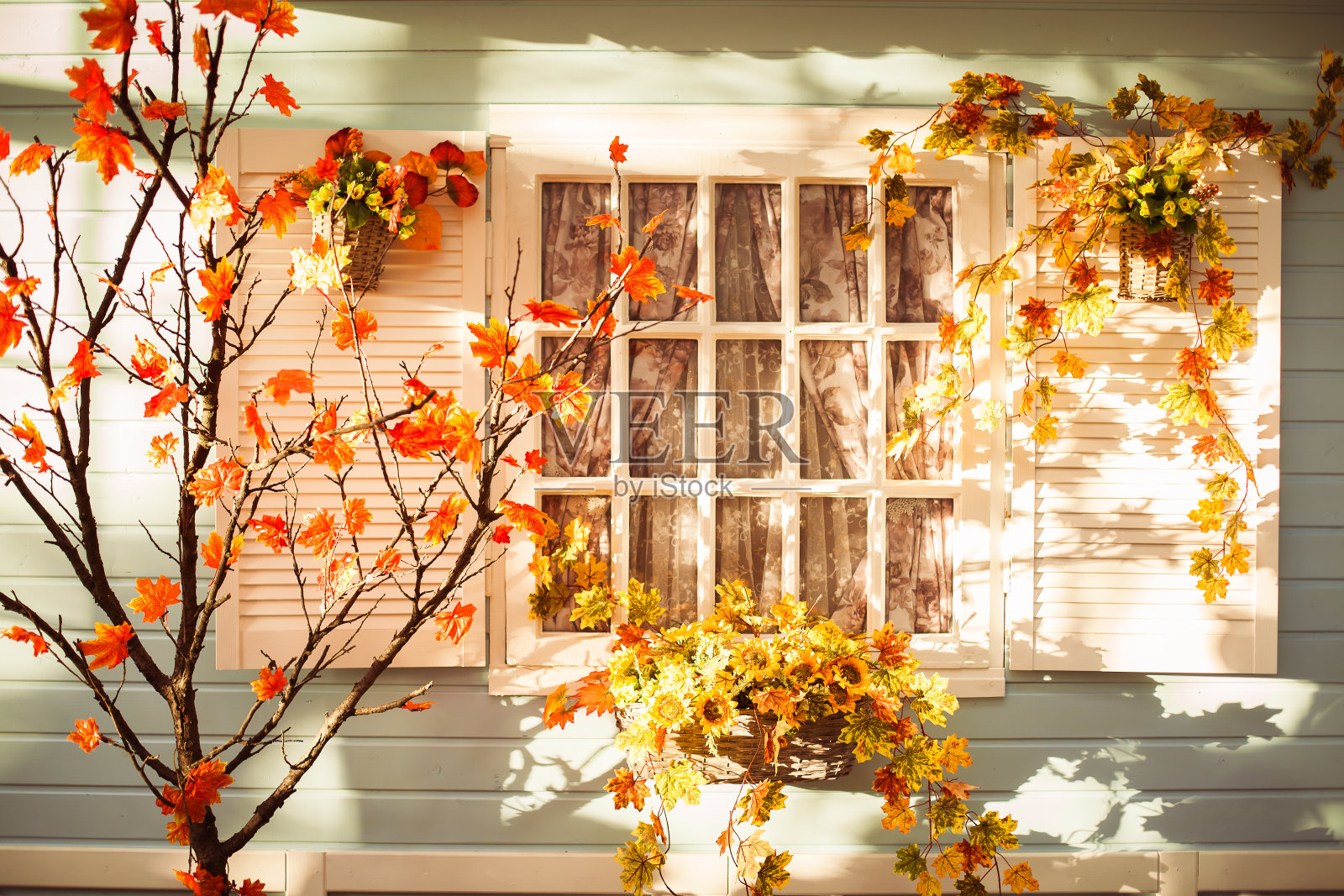 傍晚庭院在秋天的季节。照片摄影图片