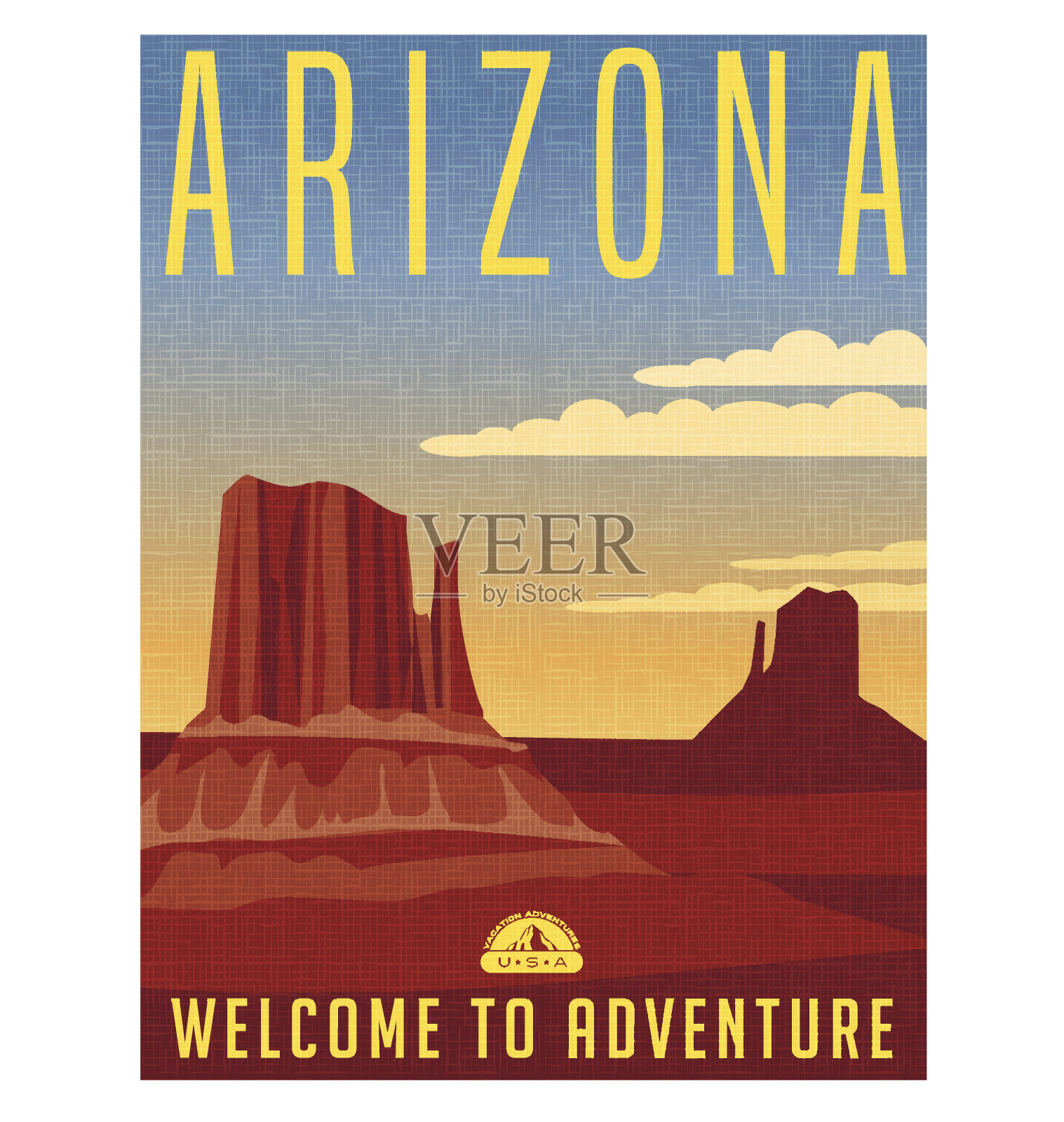 亚利桑那州旅游海报。矢量插图的风景沙漠景观与山丘。设计模板素材