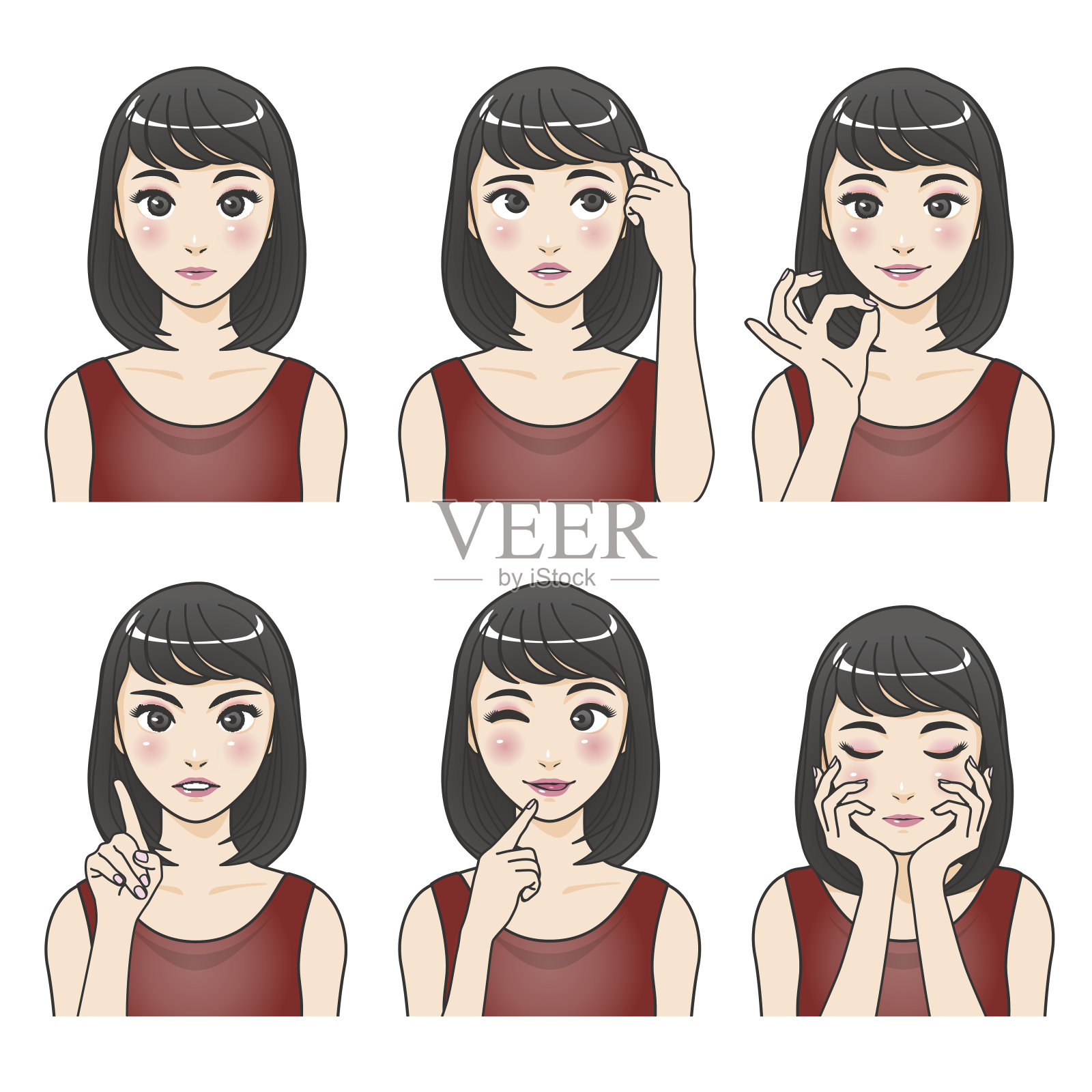 亚洲女性角色设置，各种姿势和表情插画图片素材