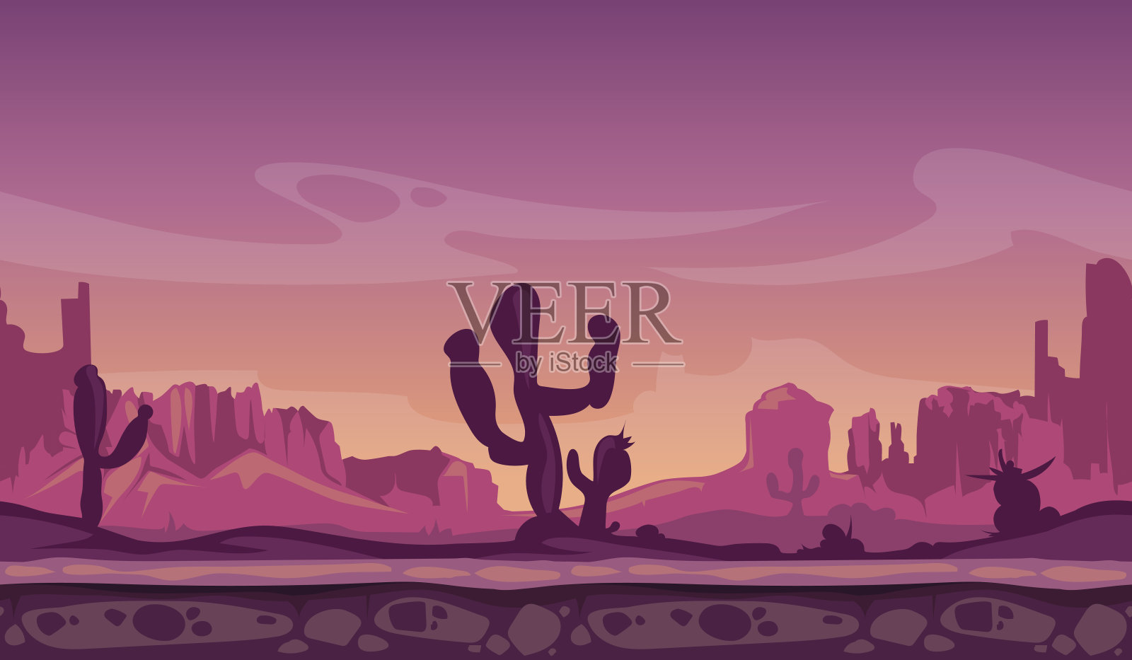 沙漠野生卡通景观在日落与仙人掌，小山和插画图片素材