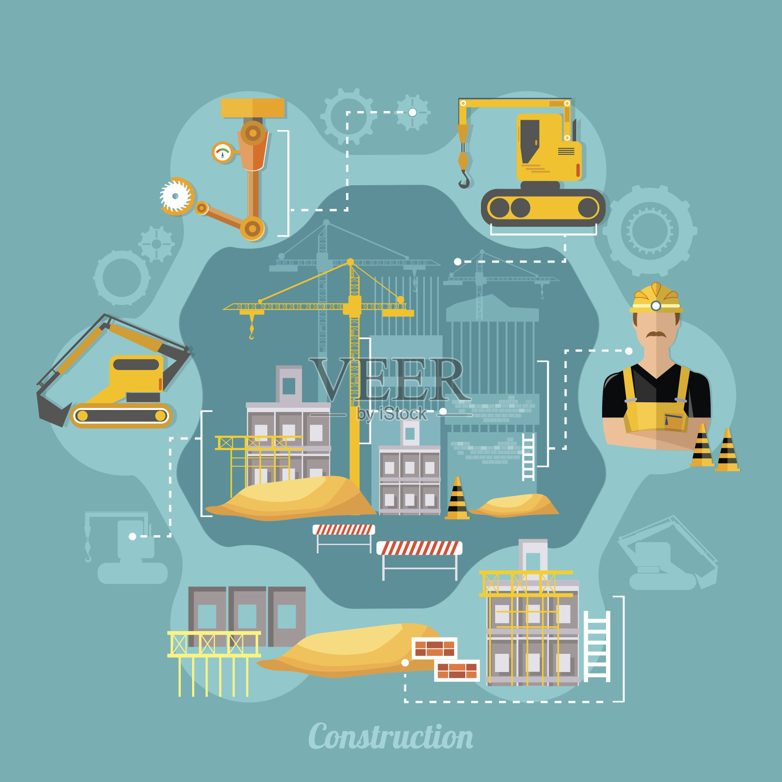建筑工地的工业概念。施工过程插画图片素材