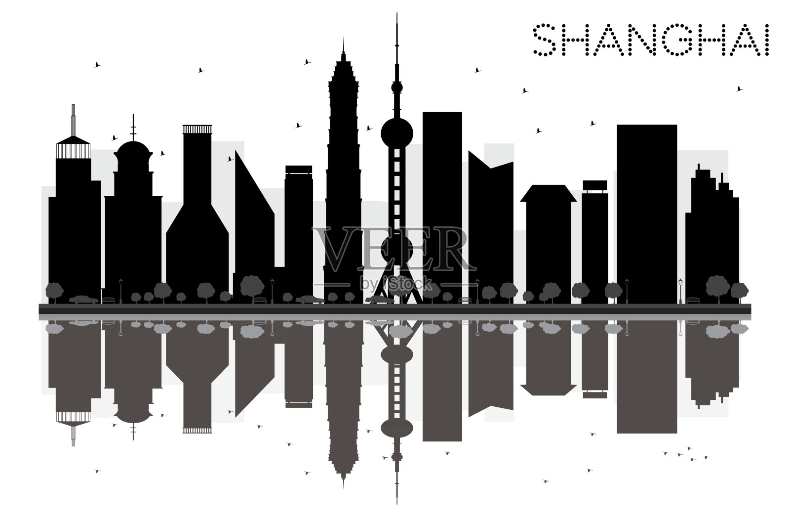 上海城市天际线黑白剪影与倒影。插画图片素材