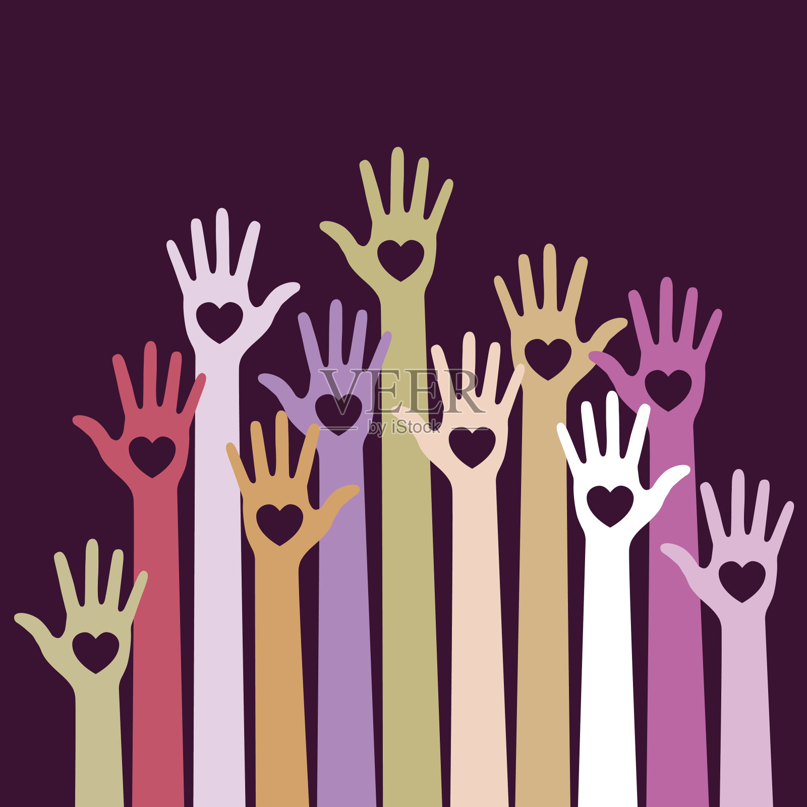 五颜六色的志愿者手捧爱心向量，以紫罗兰为背景。插画图片素材