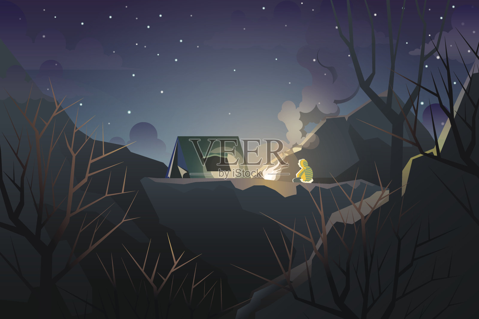 登山者晚上在树林深处的一座小山上露营插画图片素材