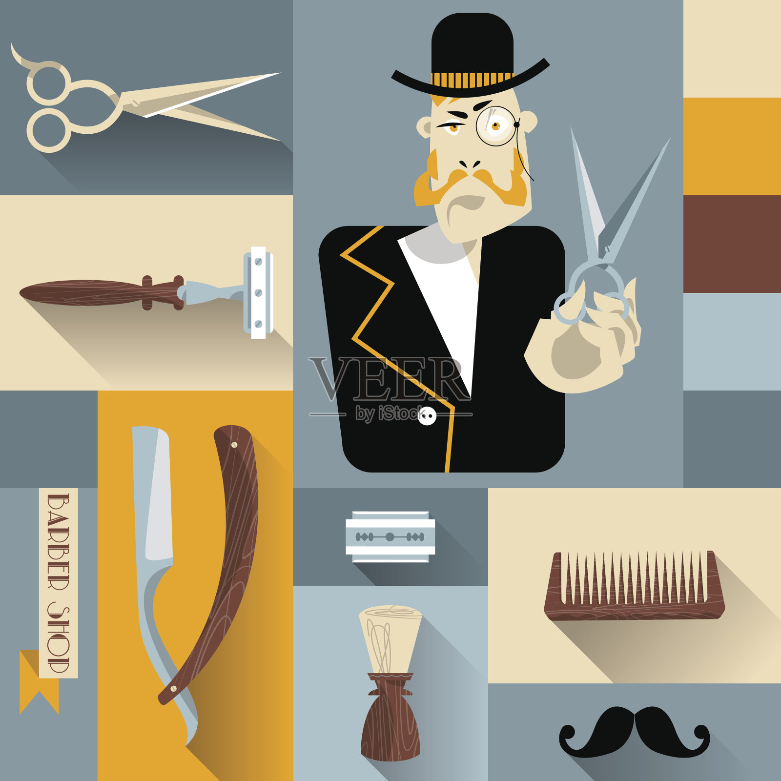 一套复古的理发店和发型师图标。插画图片素材
