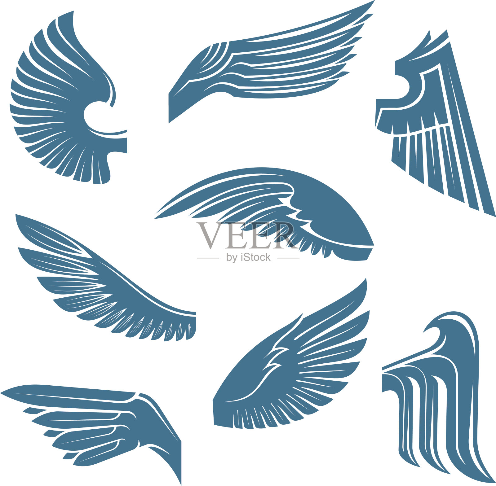蓝色的鸟翅膀纹章设计元素插画图片素材