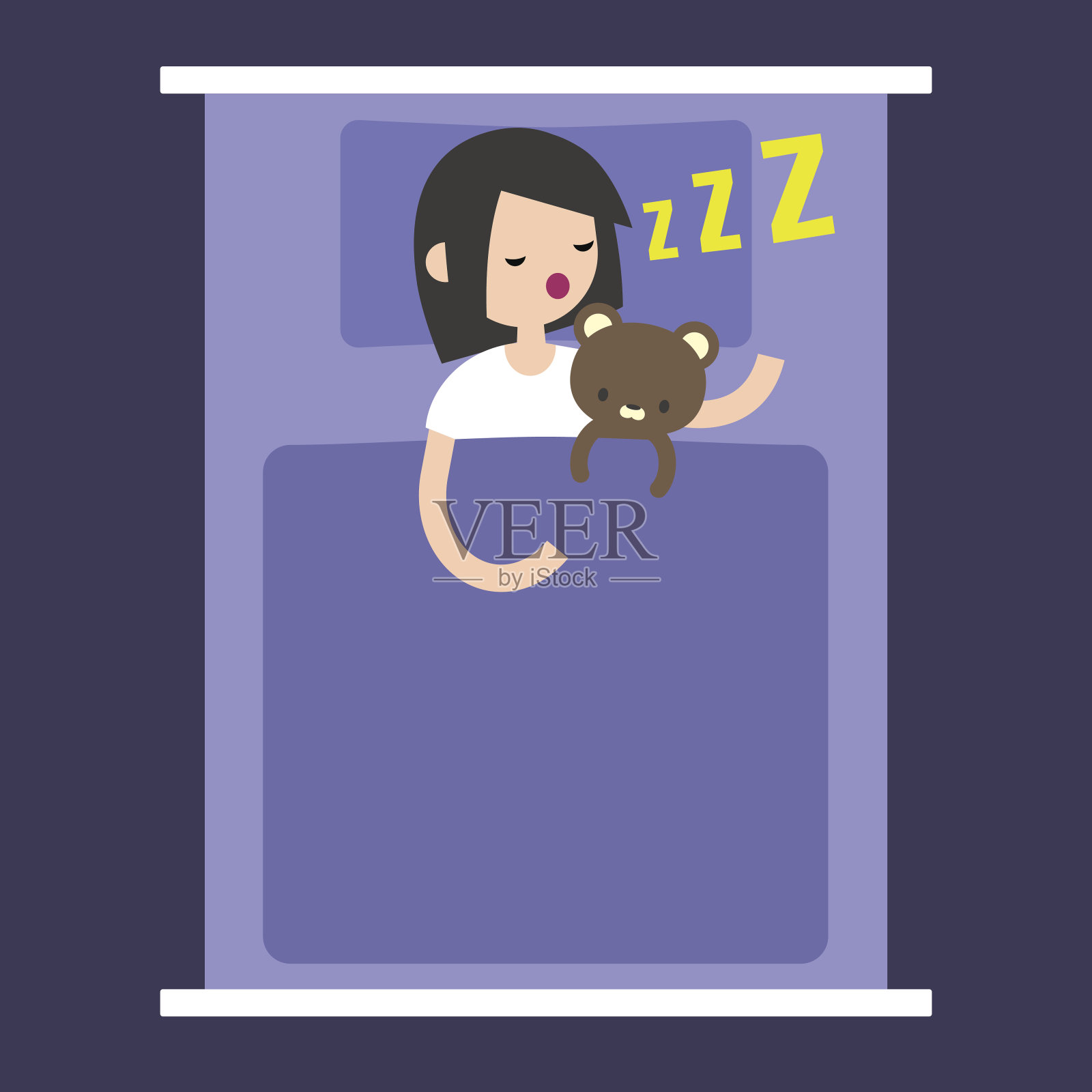 小女孩和她的泰迪熊睡在床上插画图片素材
