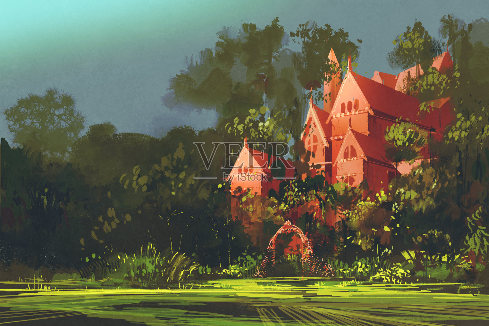 森林里的红色豪宅插画图片素材