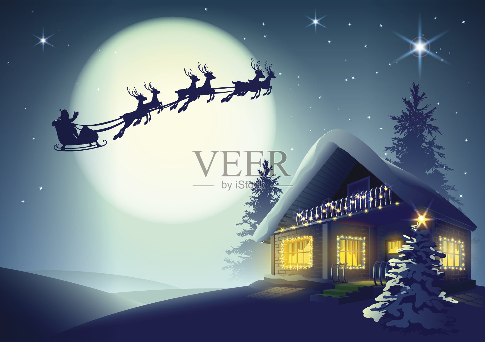 圣诞老人和驯鹿的剪影飞过圣诞屋插画图片素材