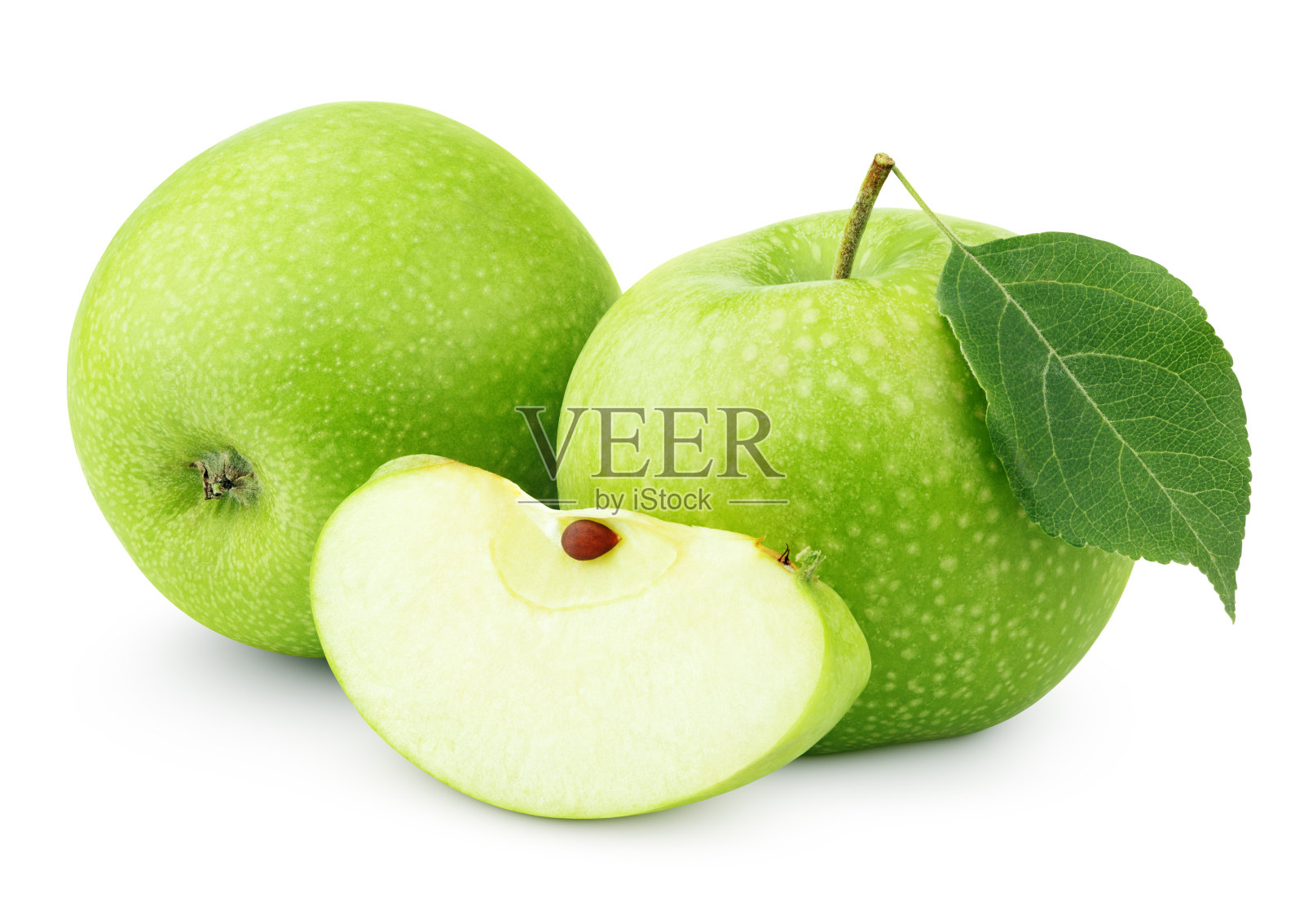 绿色的苹果叶子和切片孤立在白色上照片摄影图片