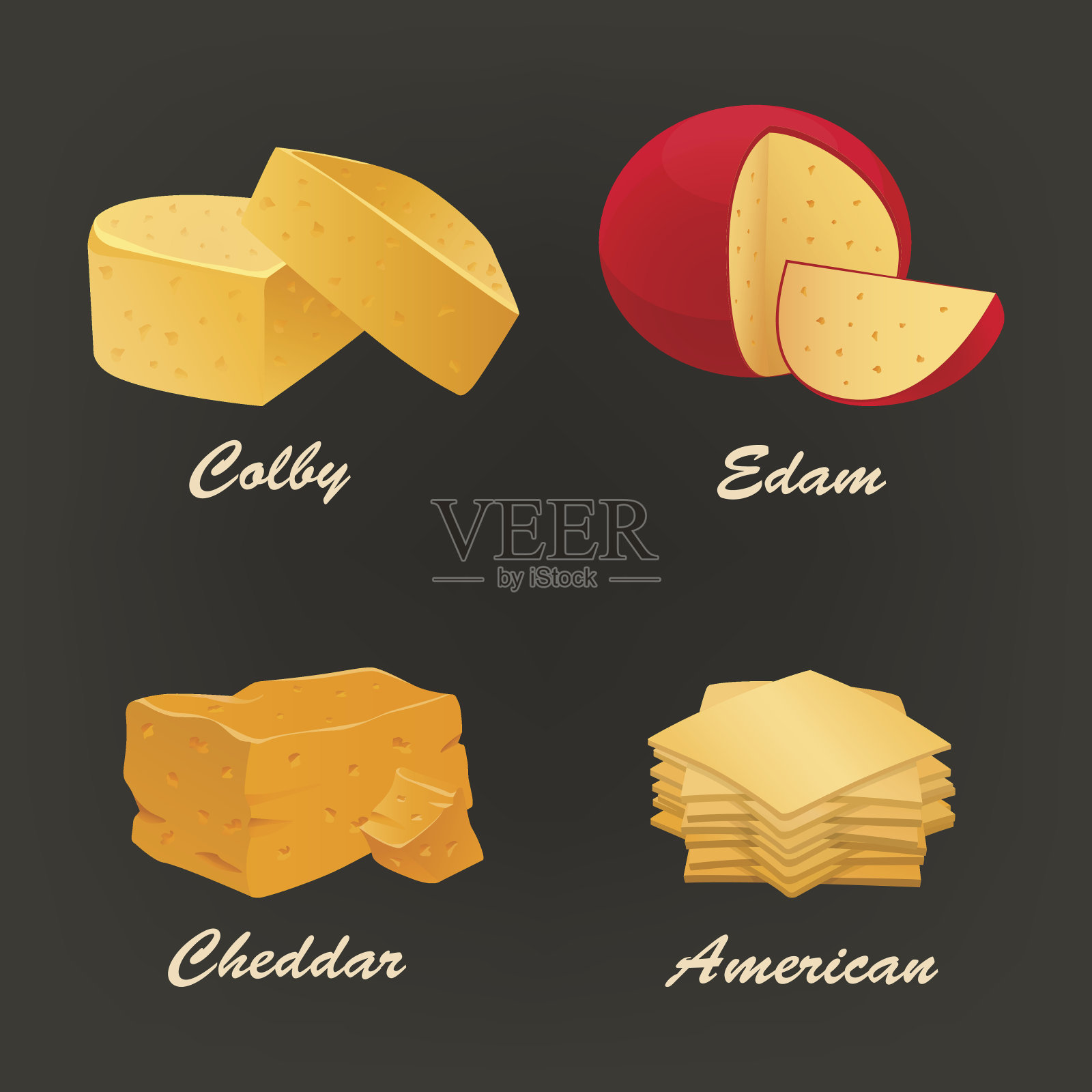 不同种类的黄色奶酪图标。矢量插图。插画图片素材