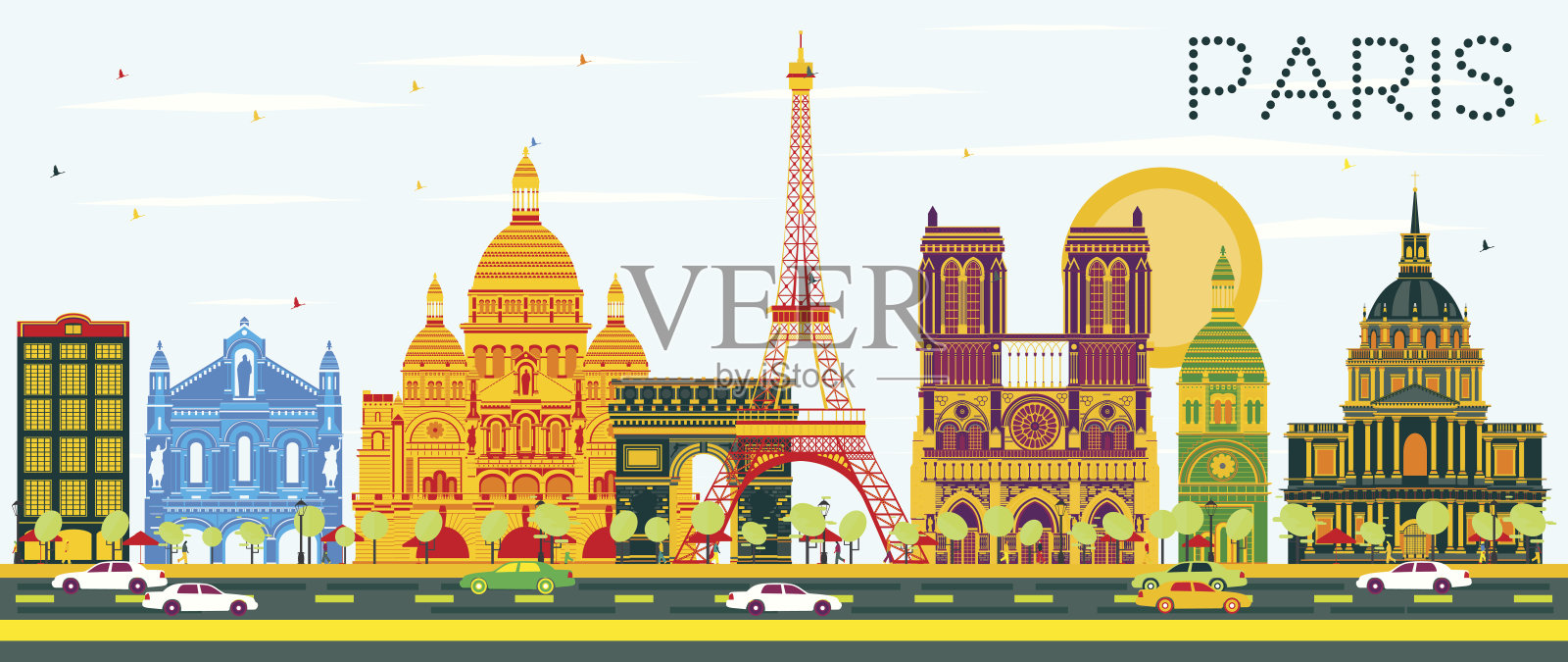 巴黎天际线的彩色建筑和蓝天。插画图片素材