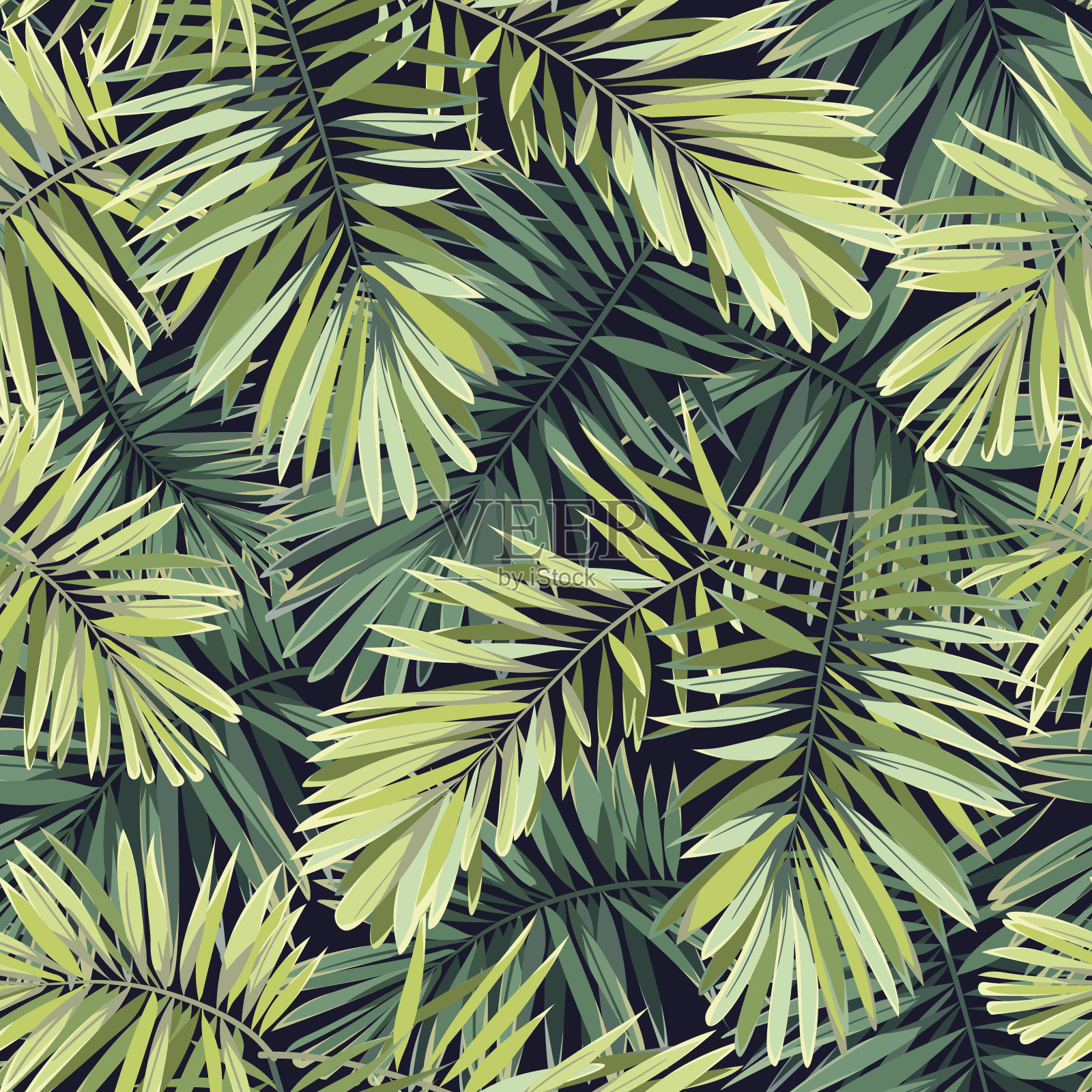 明亮的绿色背景与热带植物。无缝矢量异国图案与凤凰棕榈叶插画图片素材