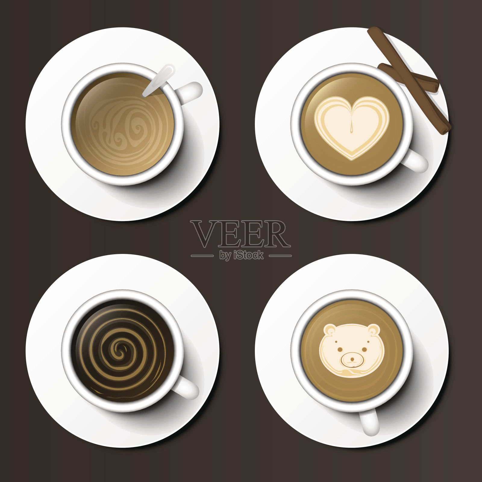 咖啡杯分类俯视图集合矢量插图。插画图片素材