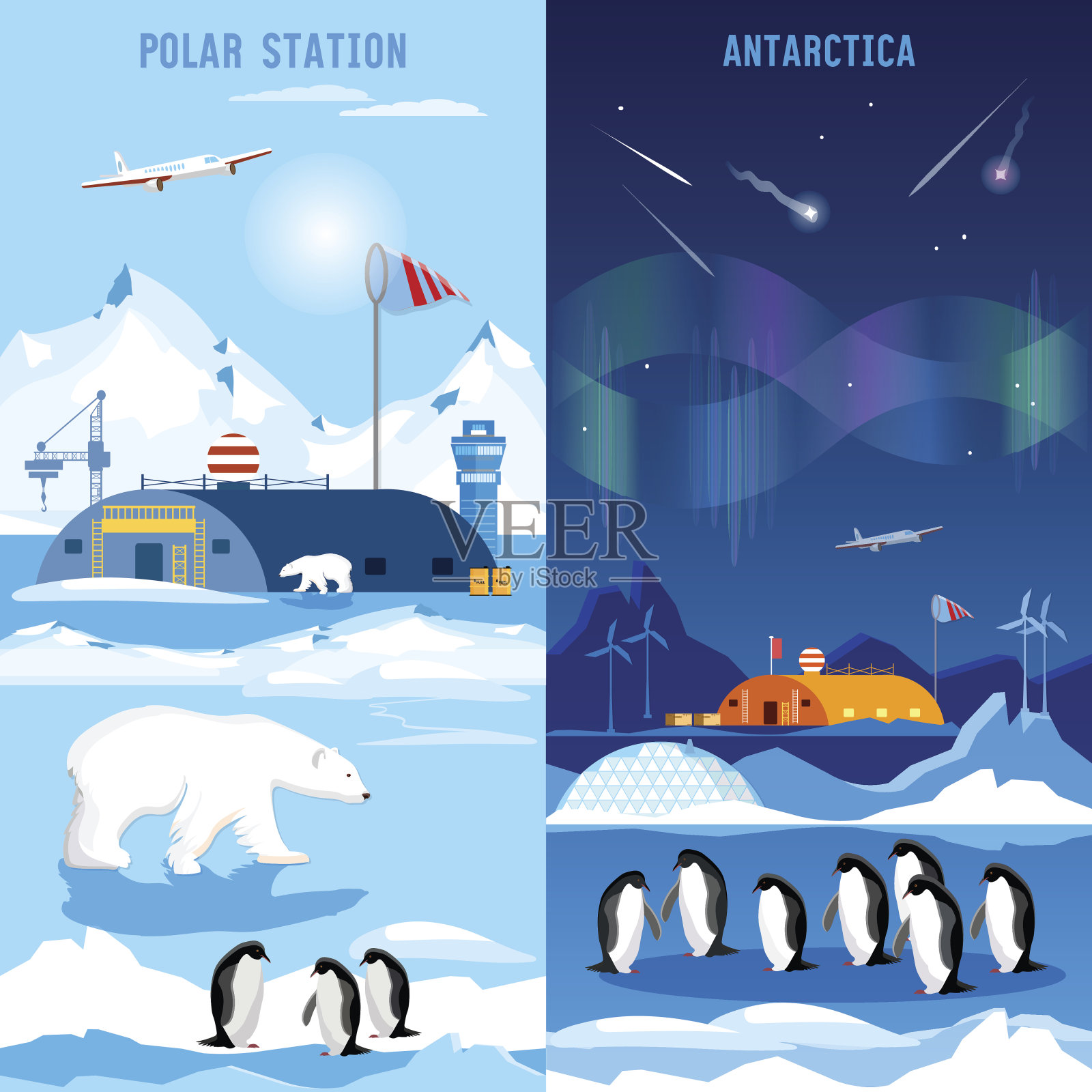 北极，极地站的横幅。企鹅,北极熊插画图片素材