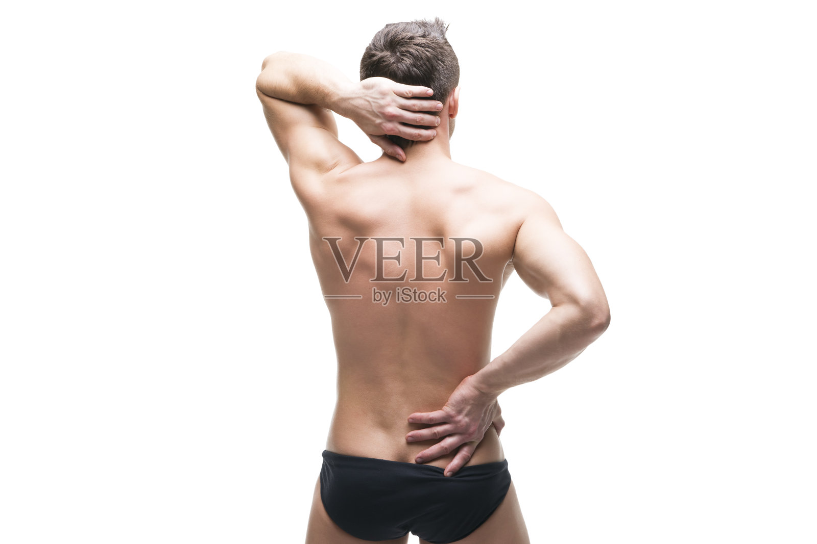 背部疼痛的男子孤立在白色背景照片摄影图片
