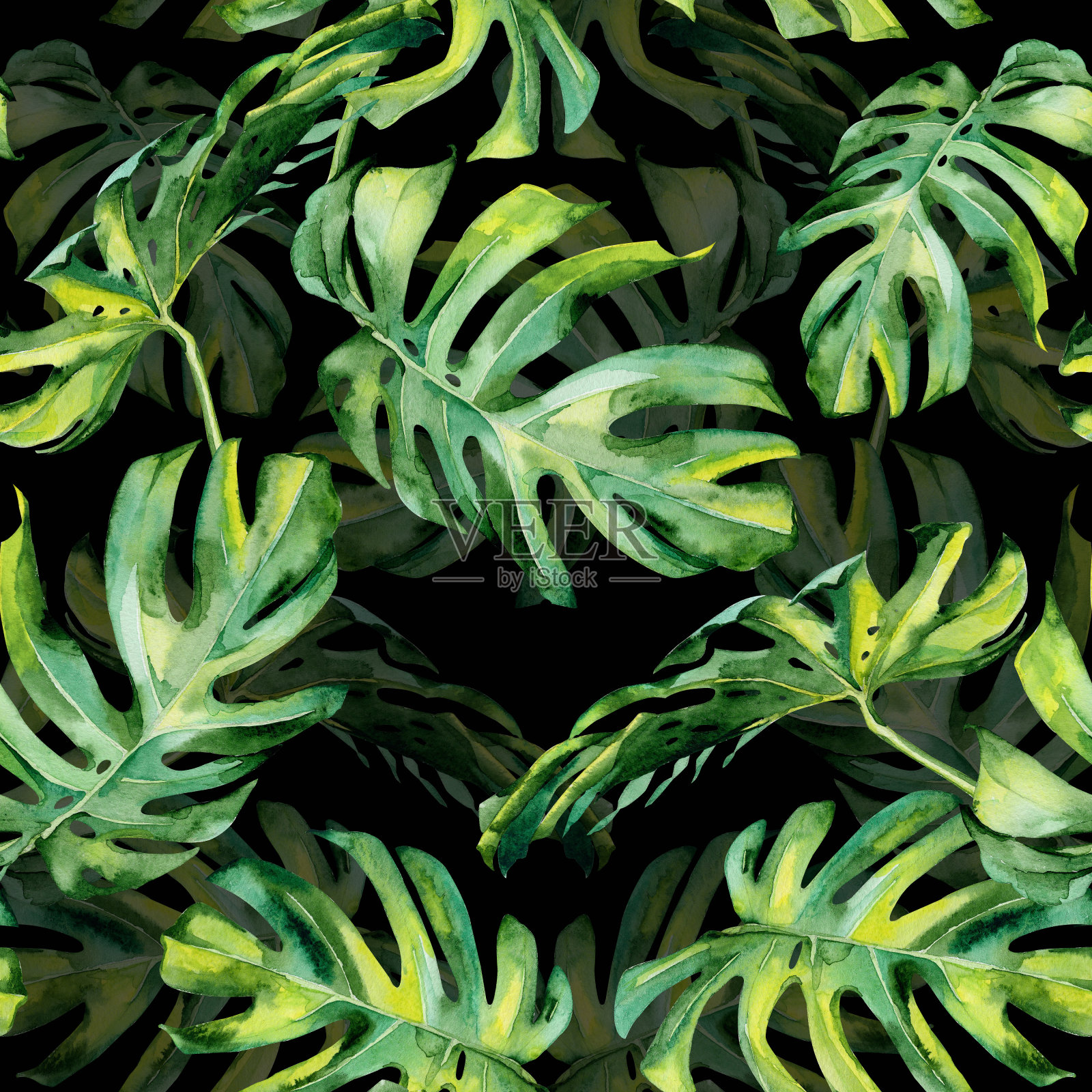 无缝水彩画的热带树叶，茂密的丛林插画图片素材